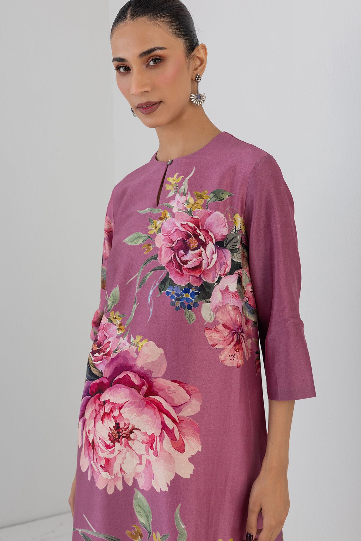 Fuchsia Pink Silk Chanderi Peony Flower Printed Tunic