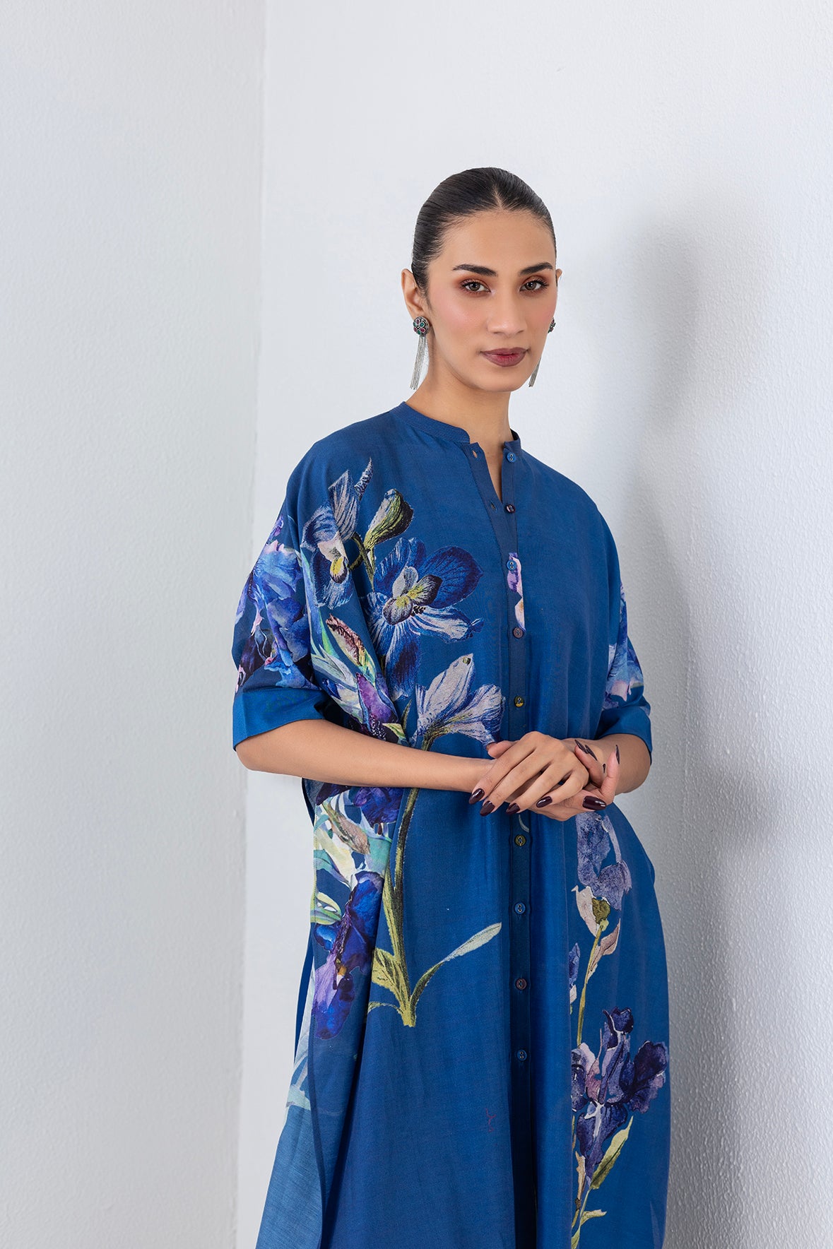 Blue Lagoon Silk Chanderi Floral Printed Kaftaan Set (2 Pcs)