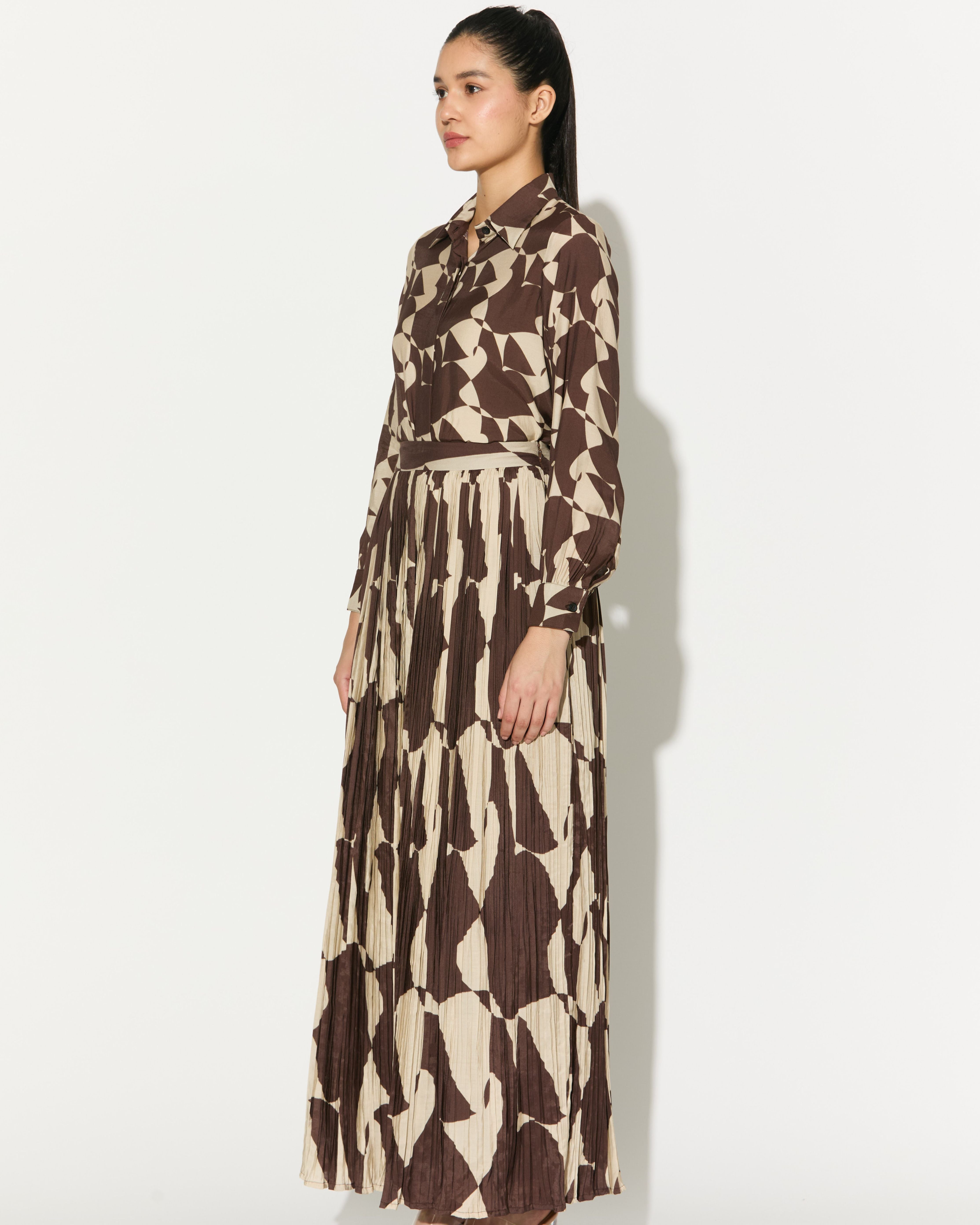 BROWN AND WHITE ABSTRACT CRINKLED SKIRT