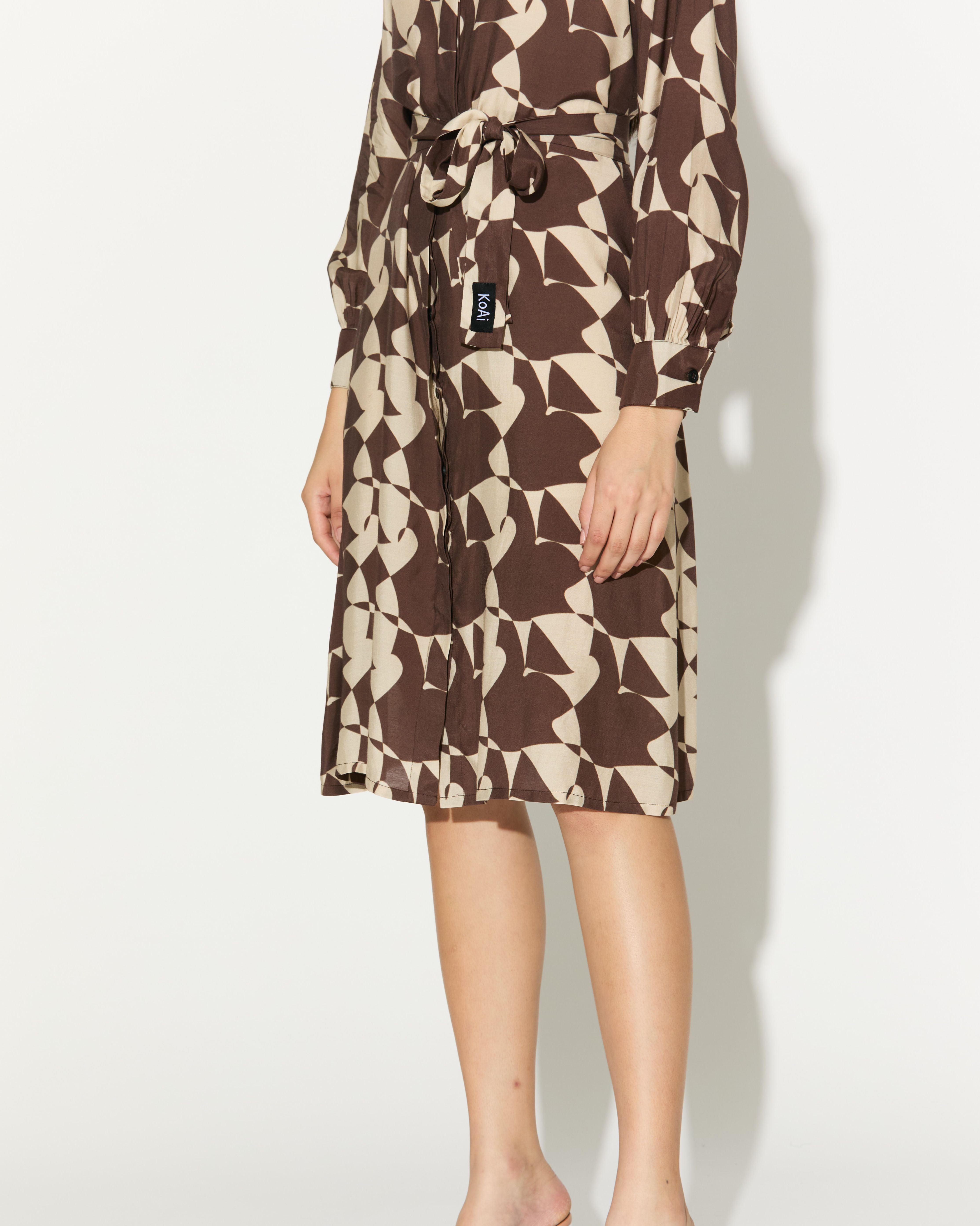 BROWN AND WHITE ABSTRACT SHIRT DRESS