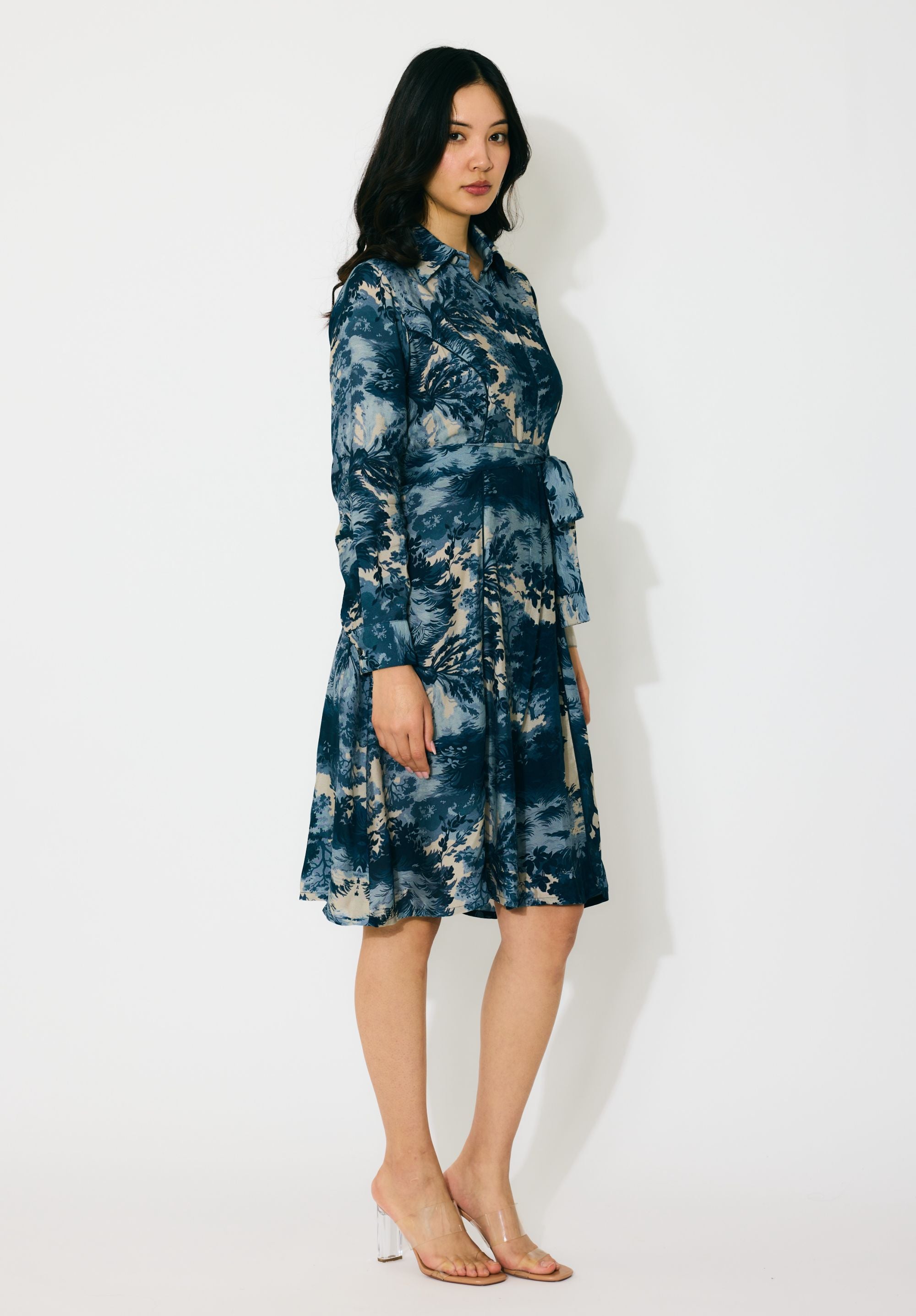 BLUE, INDIGO AND BEIGE TOILE PRINT SHIRT DRESS