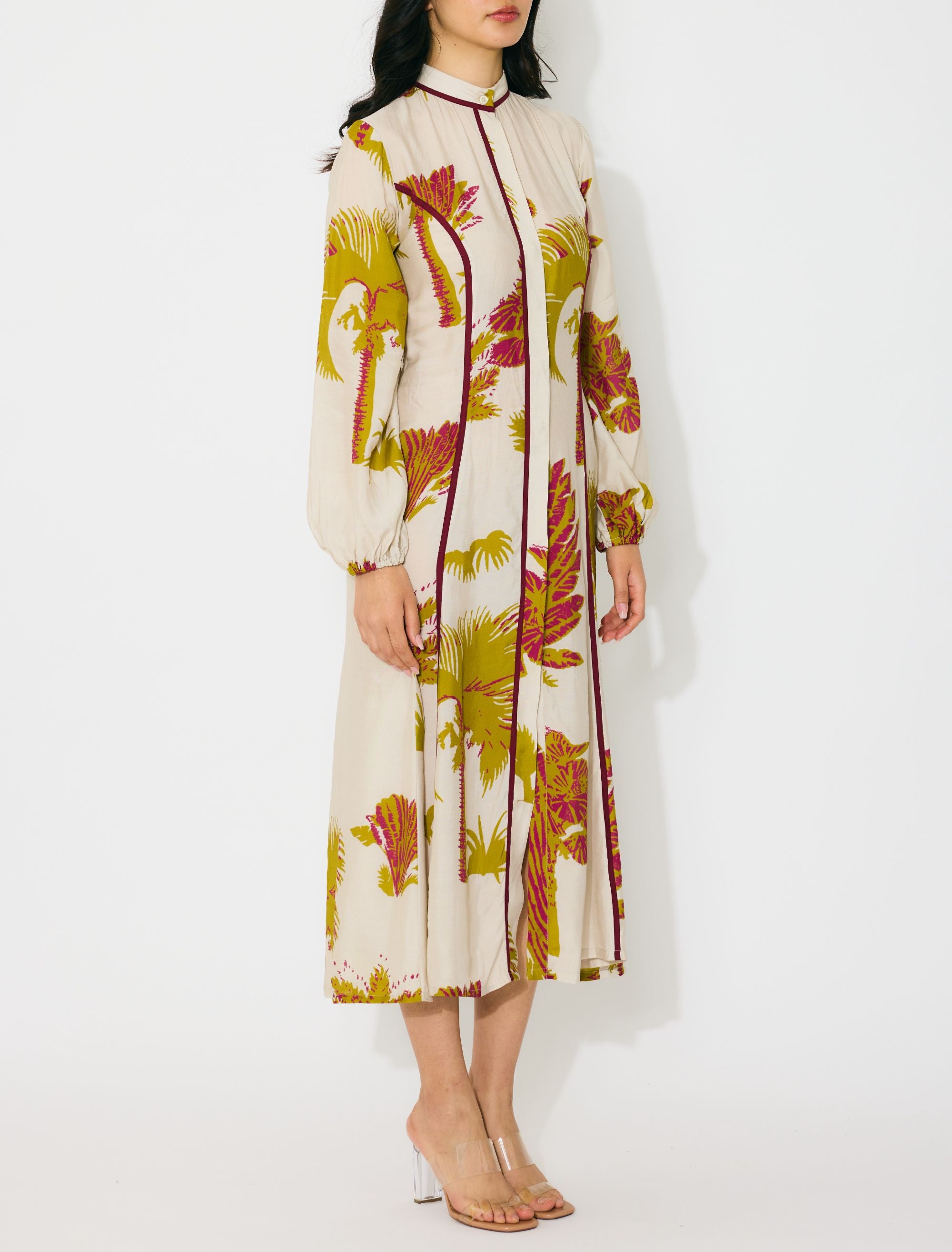 BEIGE, MUSTARD AND HOT PINK FLORAL SHIRT DRESS