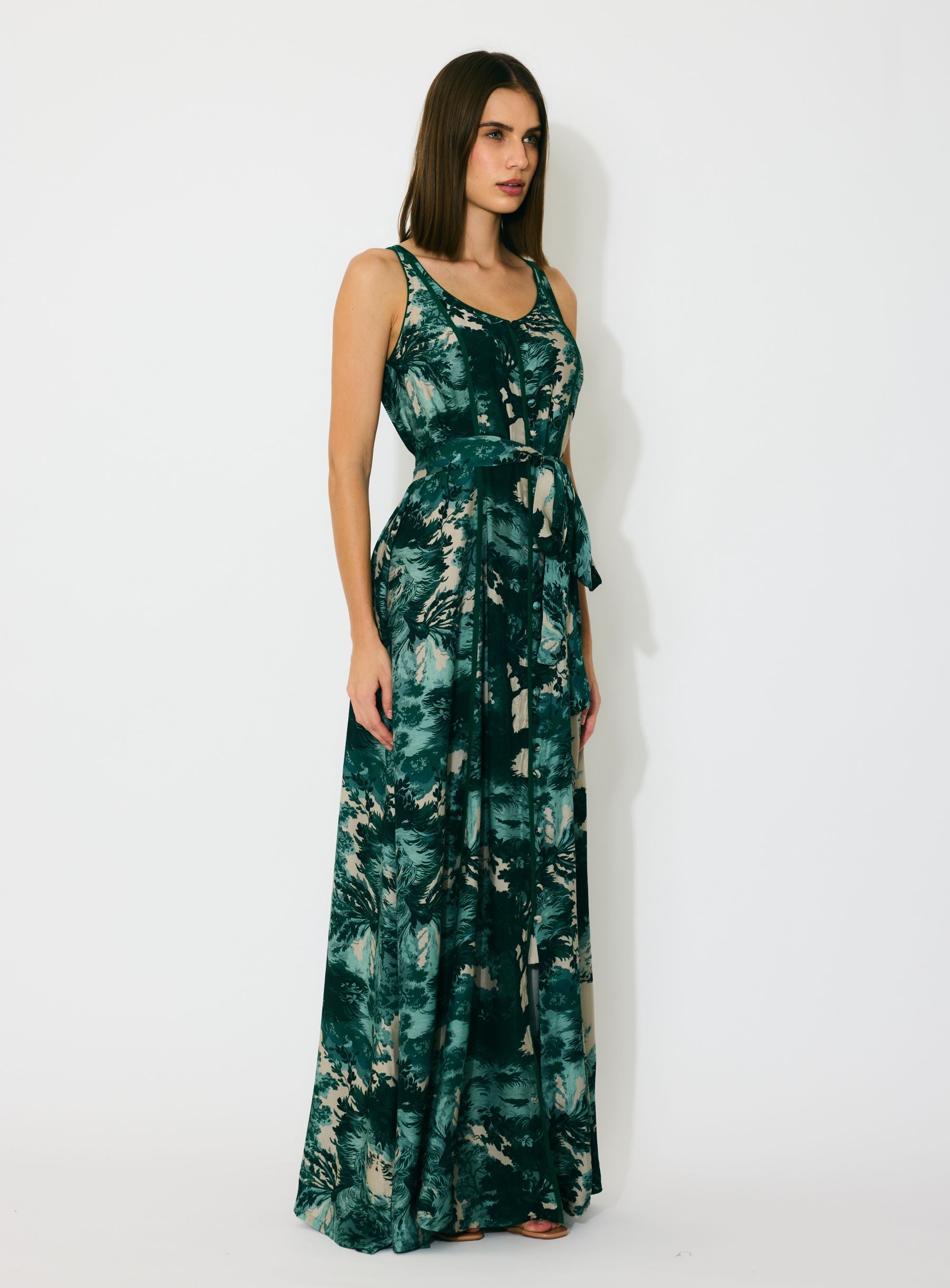 DARK GREEN, MINT AND BEIGE TOIL PRINT SLEEVELESS DRESS