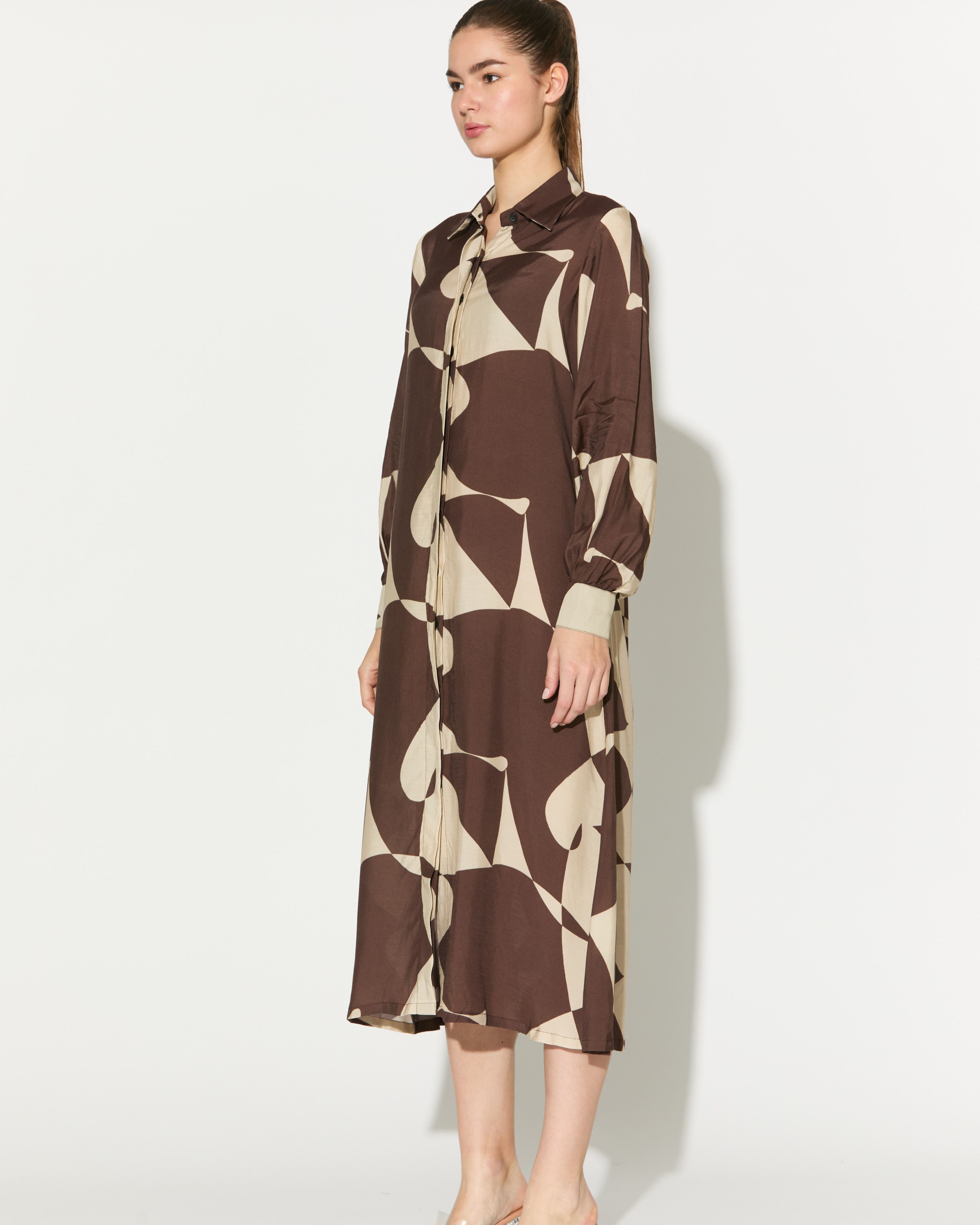 BROWN AND WHITE ABSTRACT LONG SHIRT