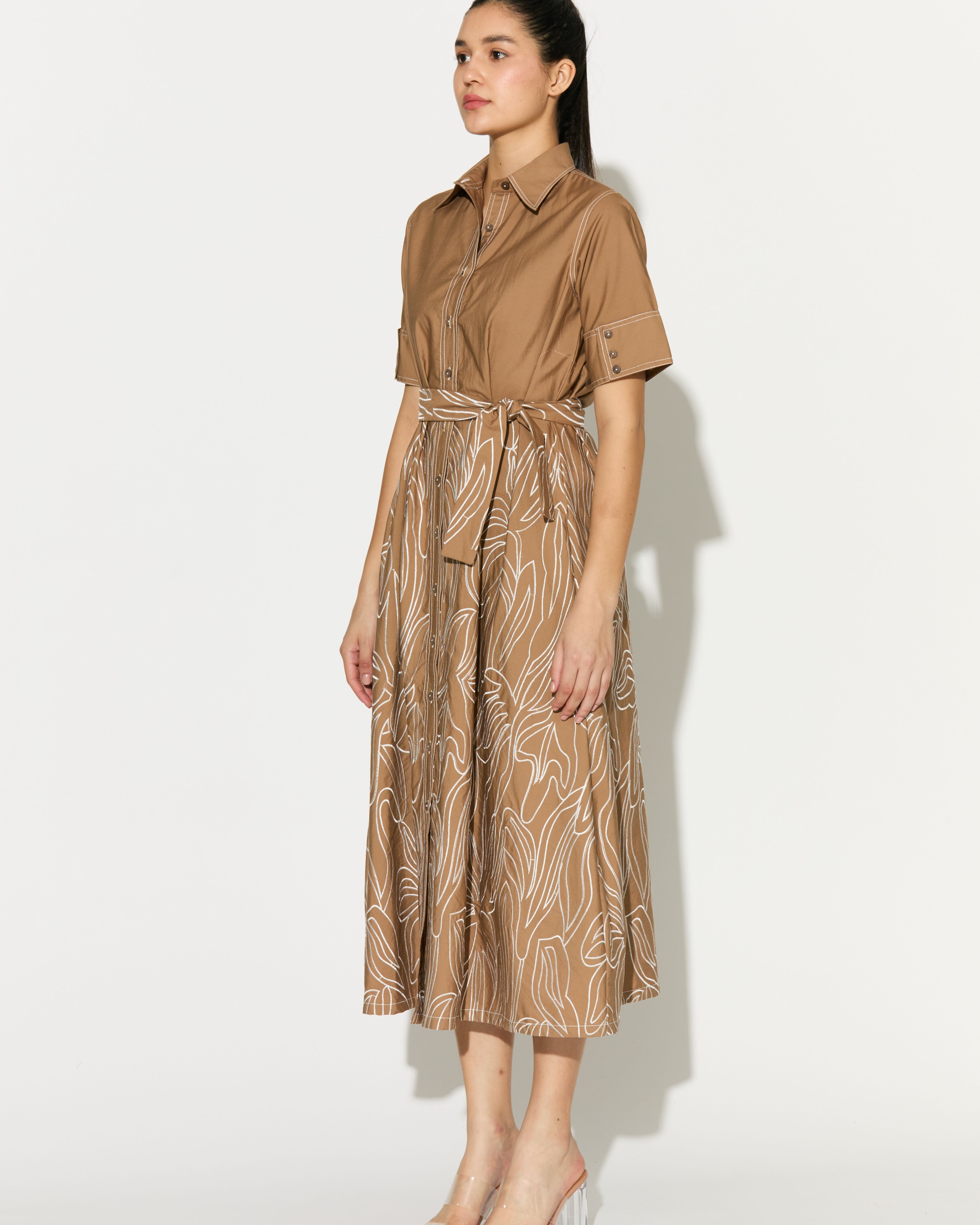 LIGHT BROWN EMBROIDERED SHIRT DRESS