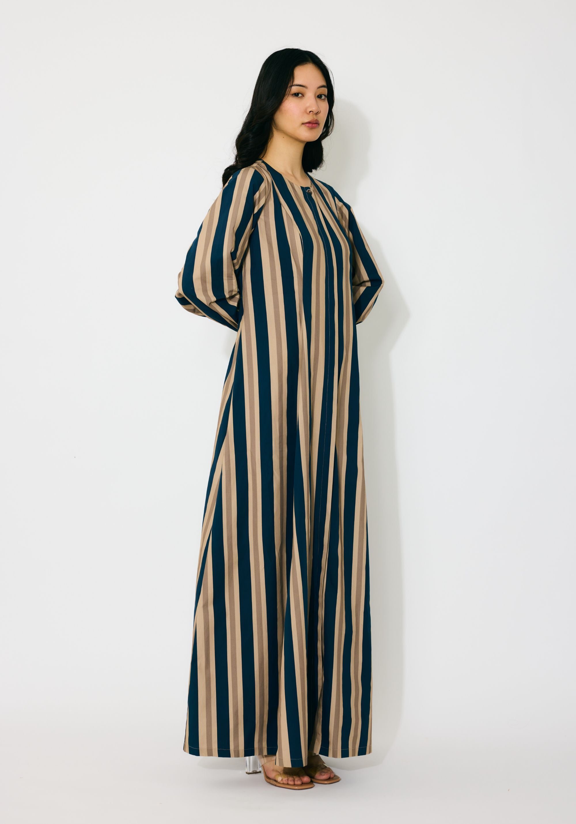 DARK BLUE,BEIGE AND WHITE STRIPE SHIRT DRESS