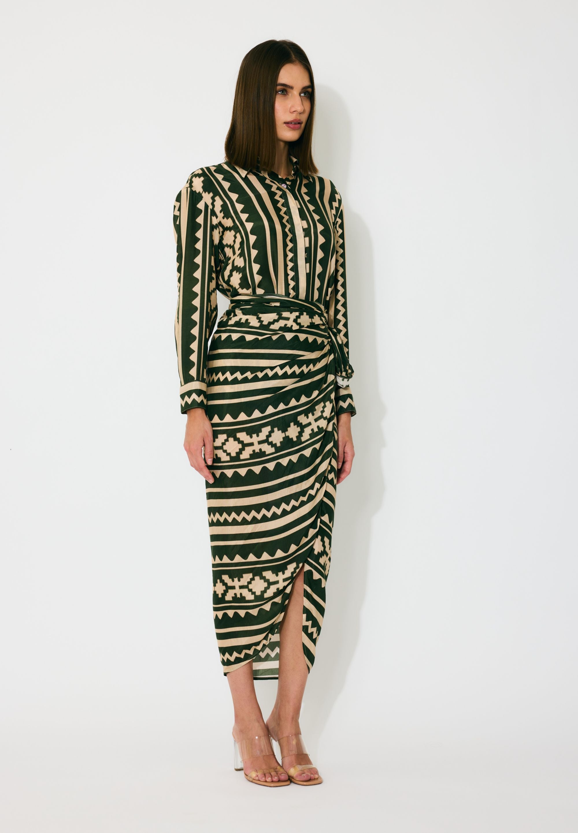 DARK GREEN AND CREAM PATTERN WRAP SKIRT