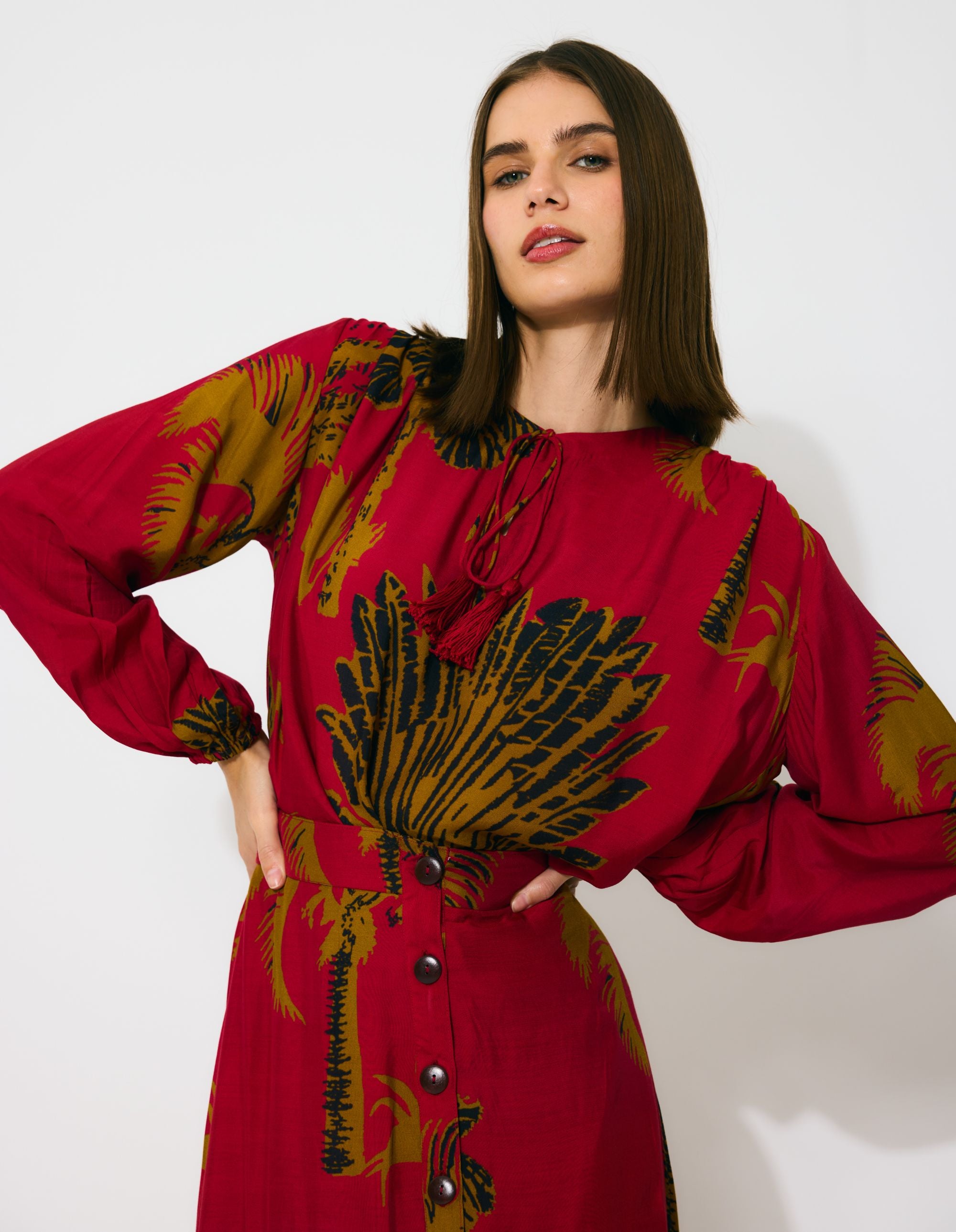 RED, MUSTARD AND BLACK FLORAL TOP