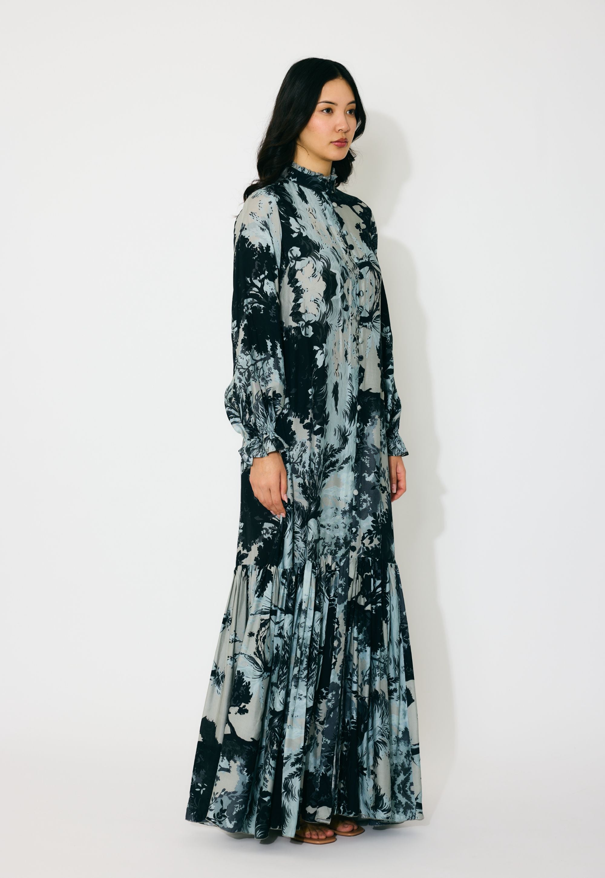 GREY, BLACK AND BEIGE TOILE PRINT LONG SHIRT DRESS