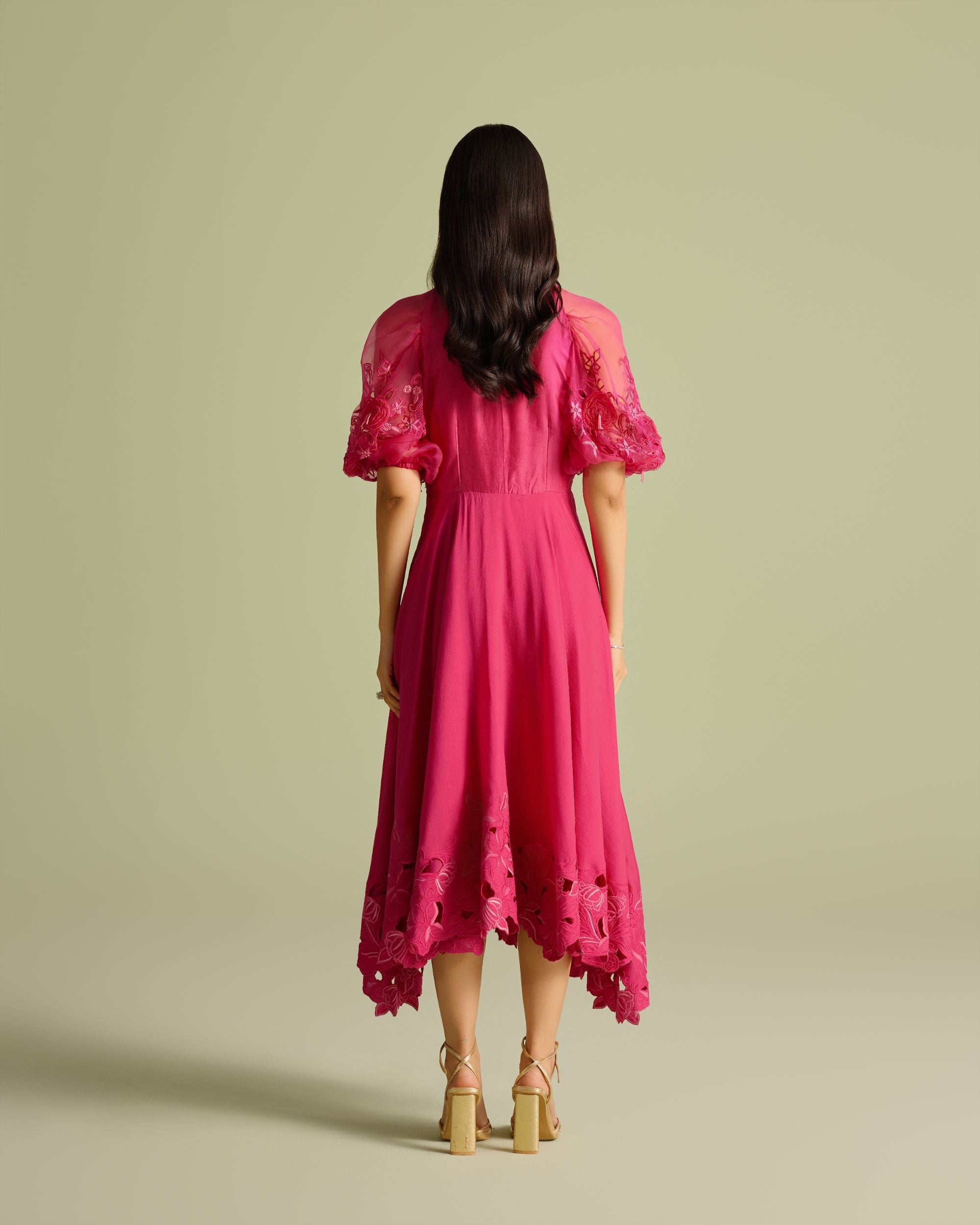 Fuchsia 3D Rose Applique & Cutwork Flounce Dress