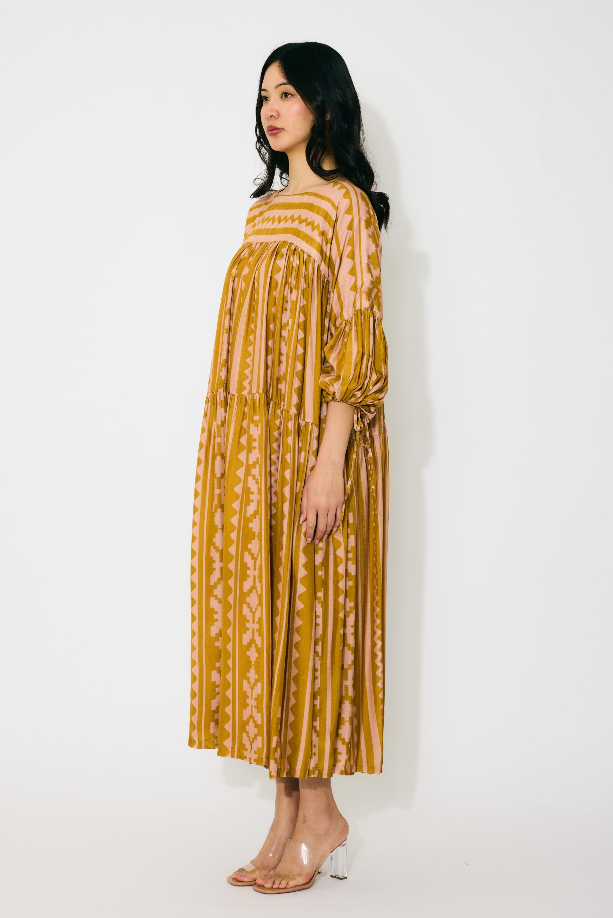 MUSTARD AND PEACH PATTERN MIDI DRESS