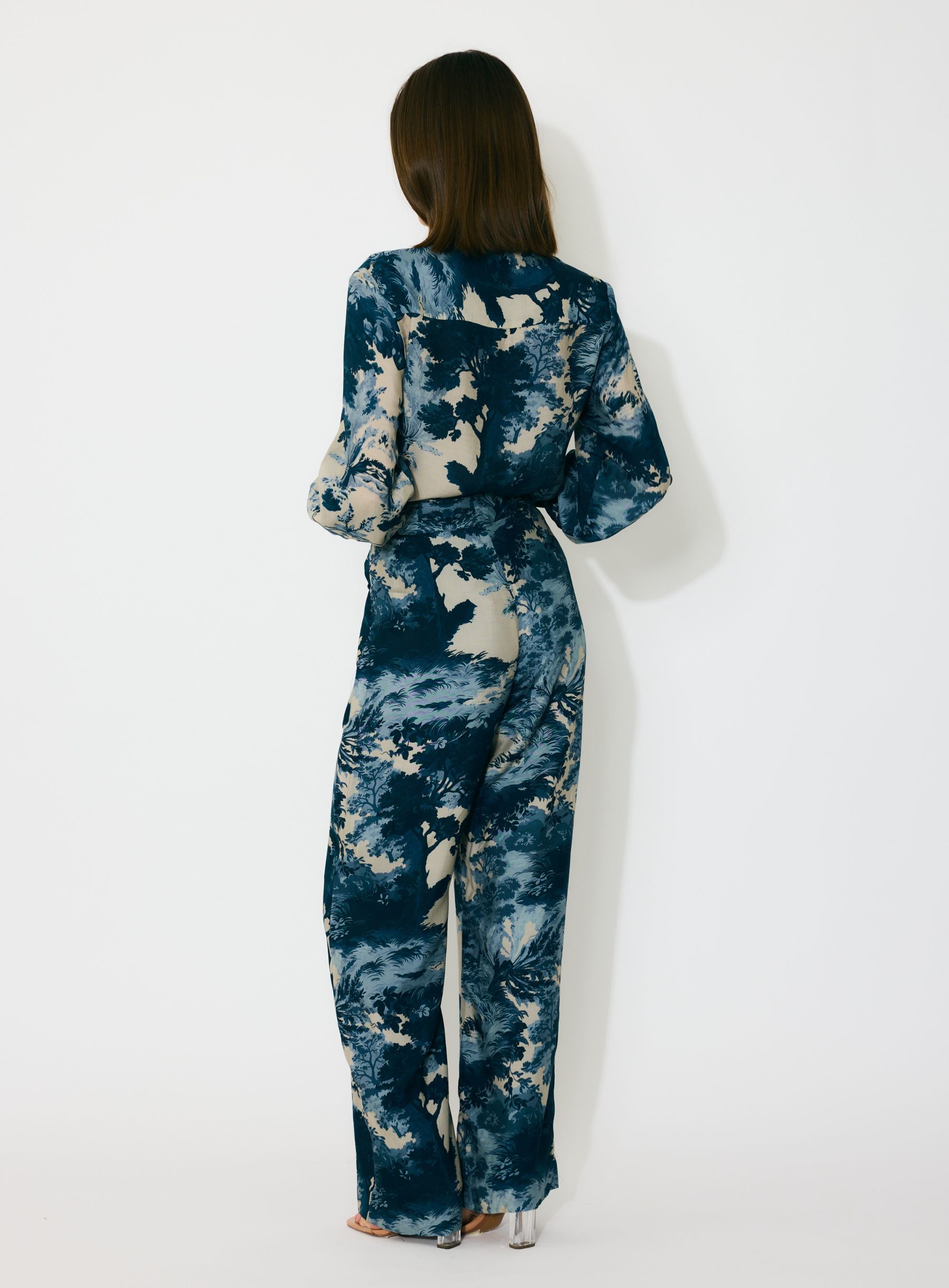 BLUE, INDIGO AND BEIGE TOILE PRINT PANTS