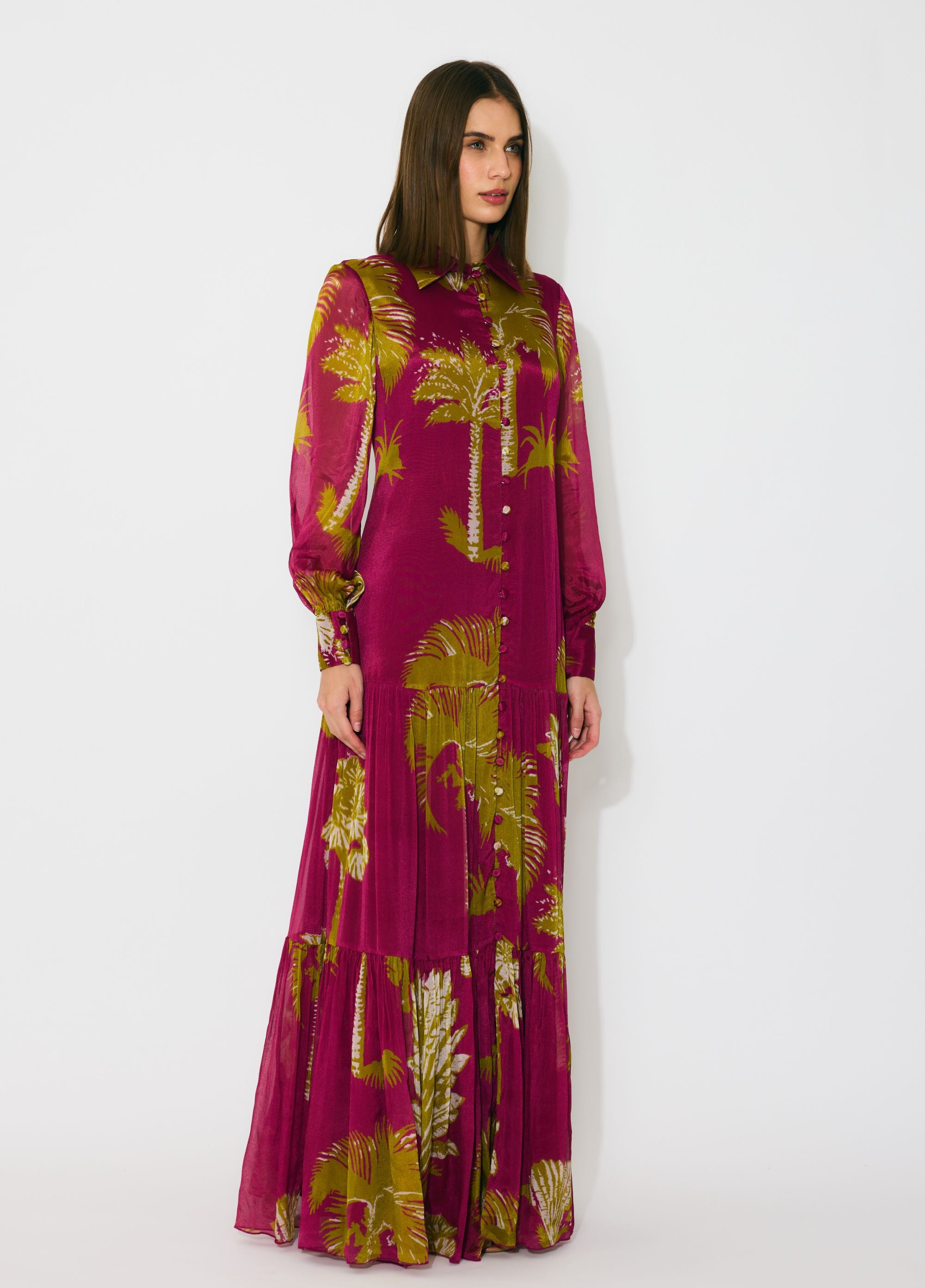 HOT PINK, MUSTARD AND WHITE FLORAL LONG DRESS