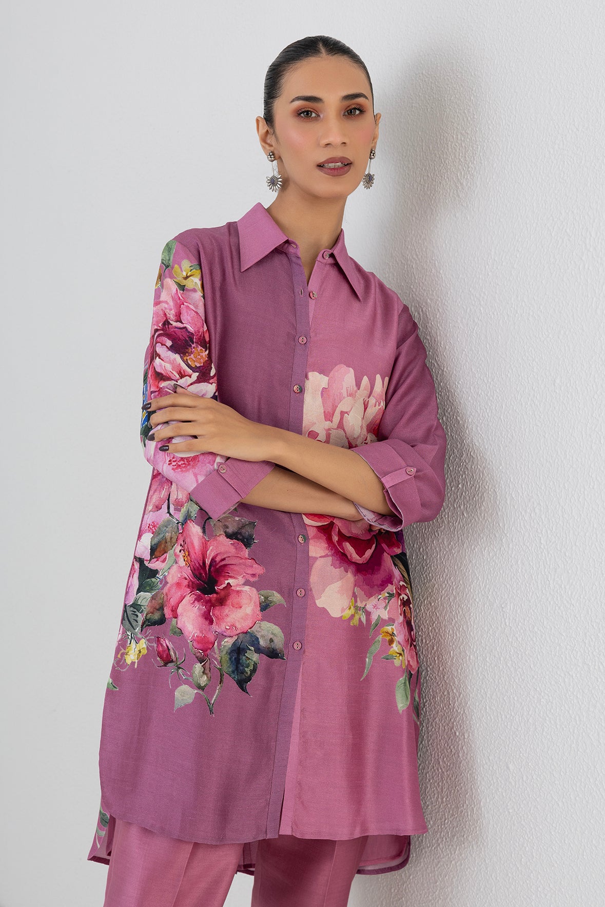 Blush Pink Dupion Peony Flower Printed Shirt