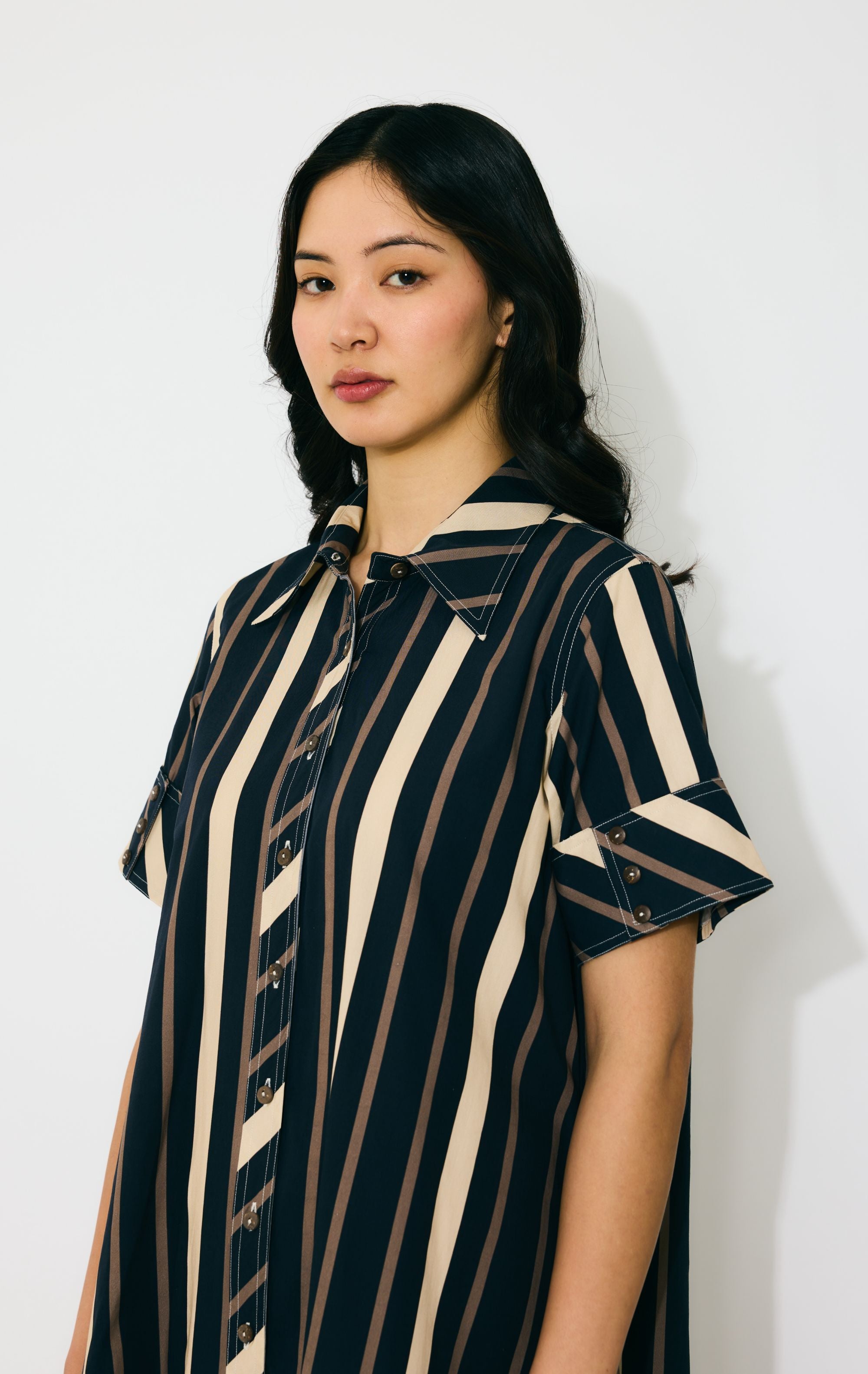 DARK BLUE AND BEIGE STRIPE SHIRT DRESS