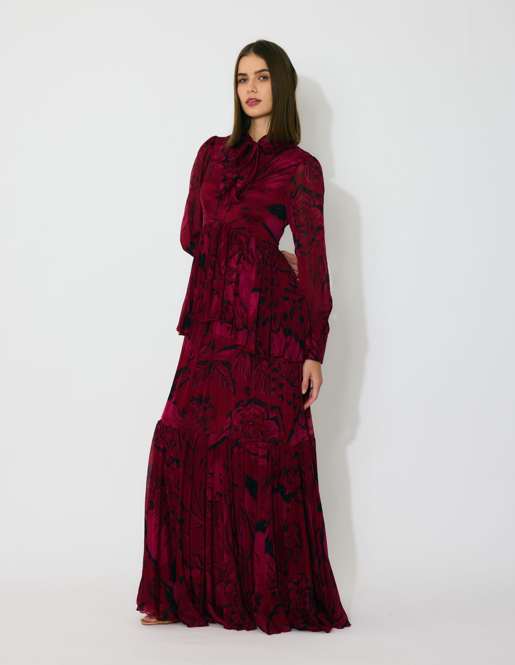 HOT PINK AND BLACK FLORAL LONG DRESS