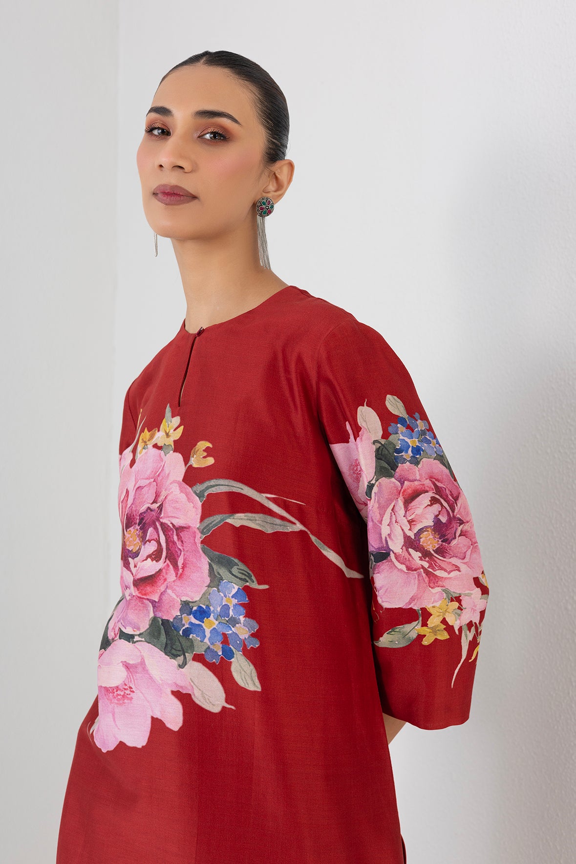 Poppy Blaze Silk Chanderi China Rose Printed Tunic