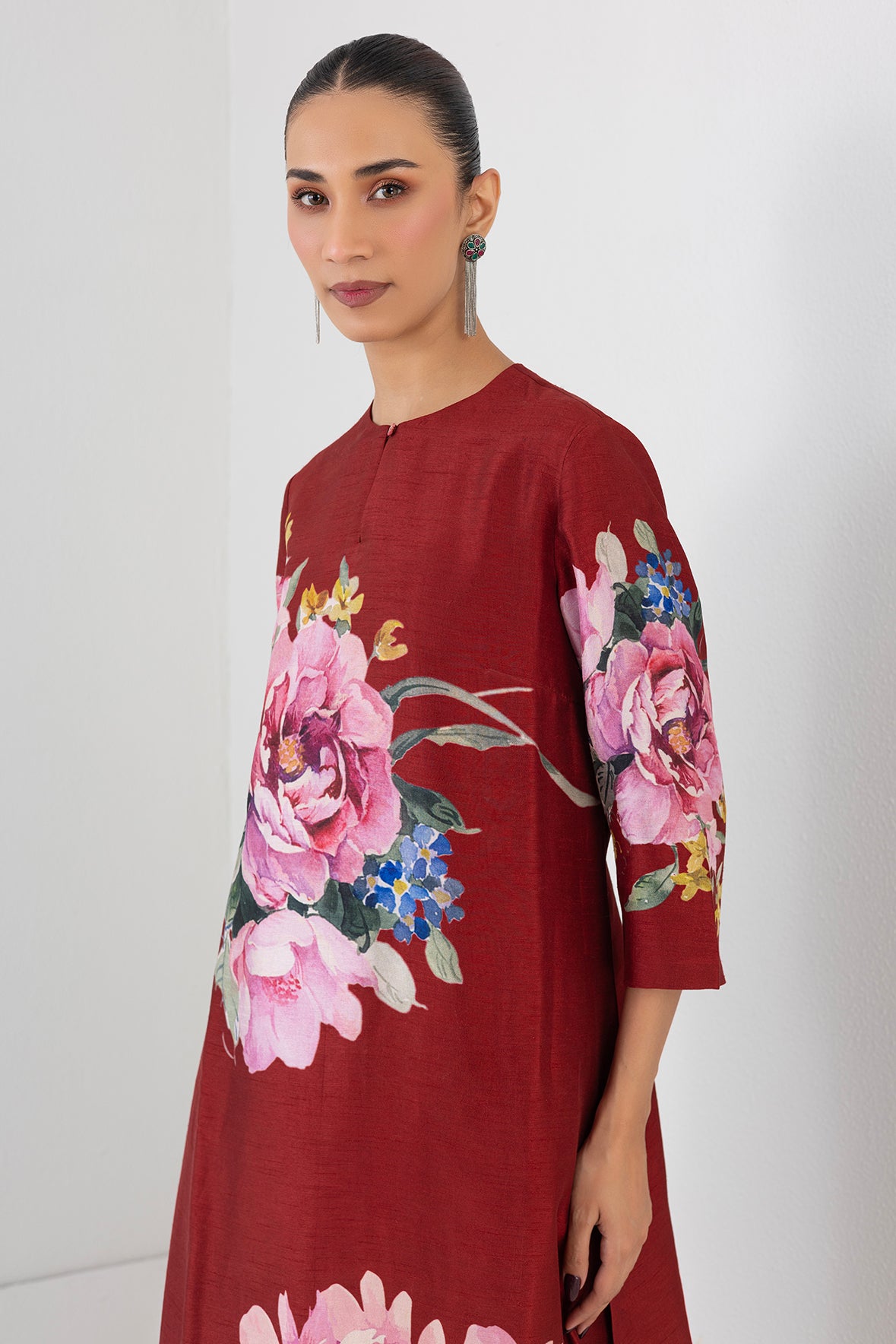 Poppy Blaze Red Dupion China Rose Printed Tunic
