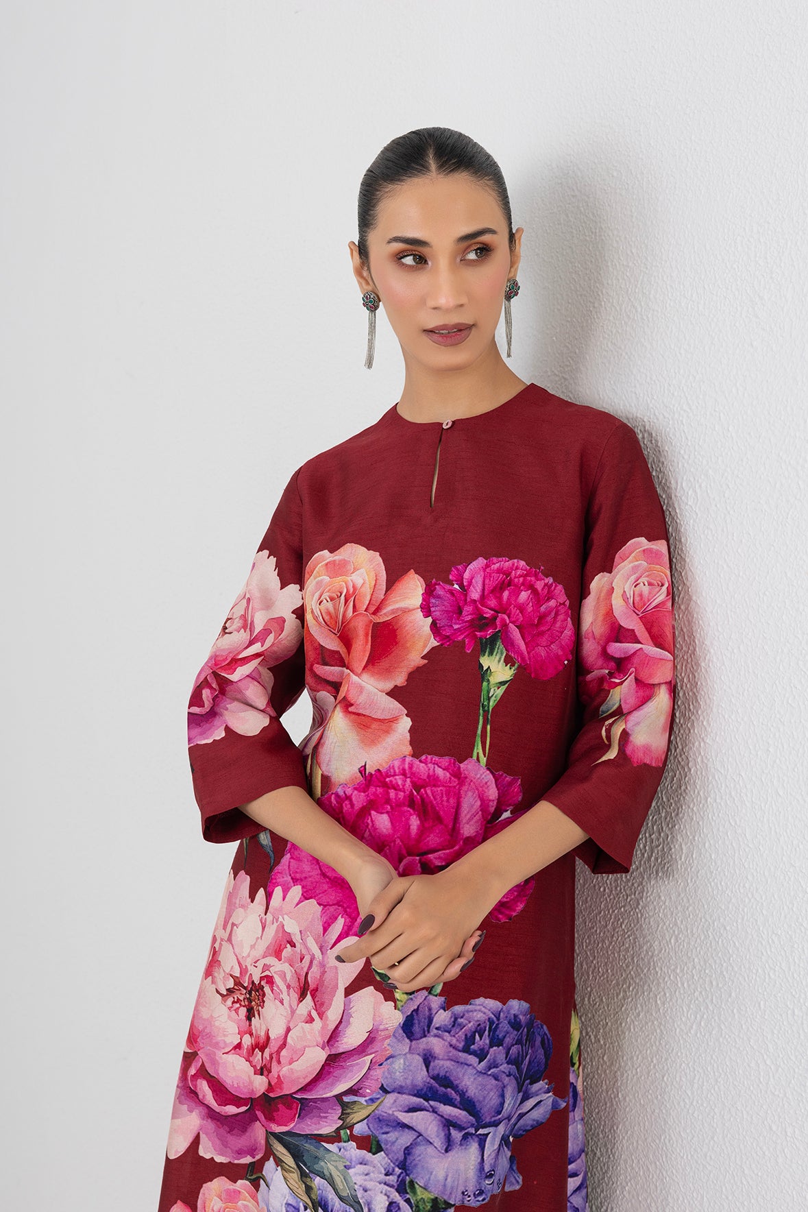 Scarlet Red Dupion Floral Printed Tunic