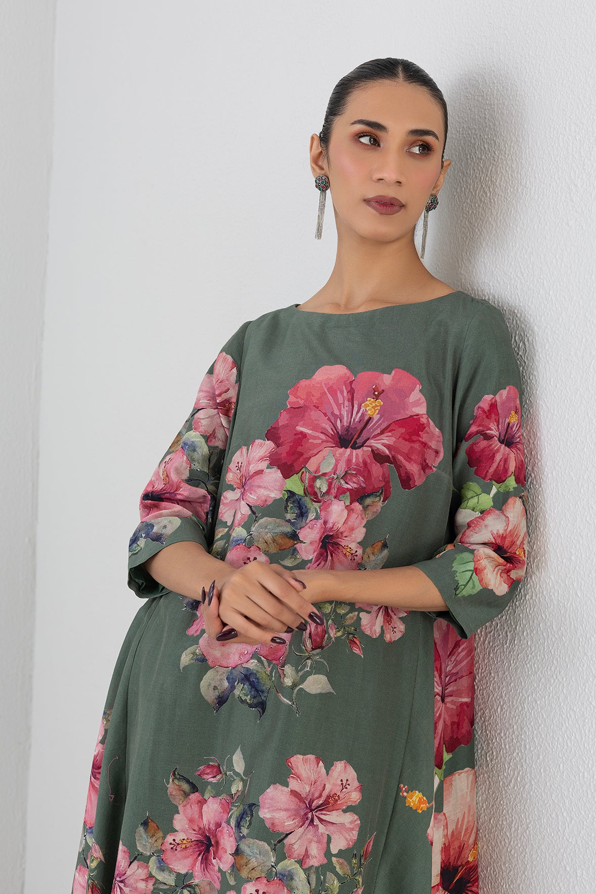 Minted Sage Silk Chanderi Hibiscus Printed Dress