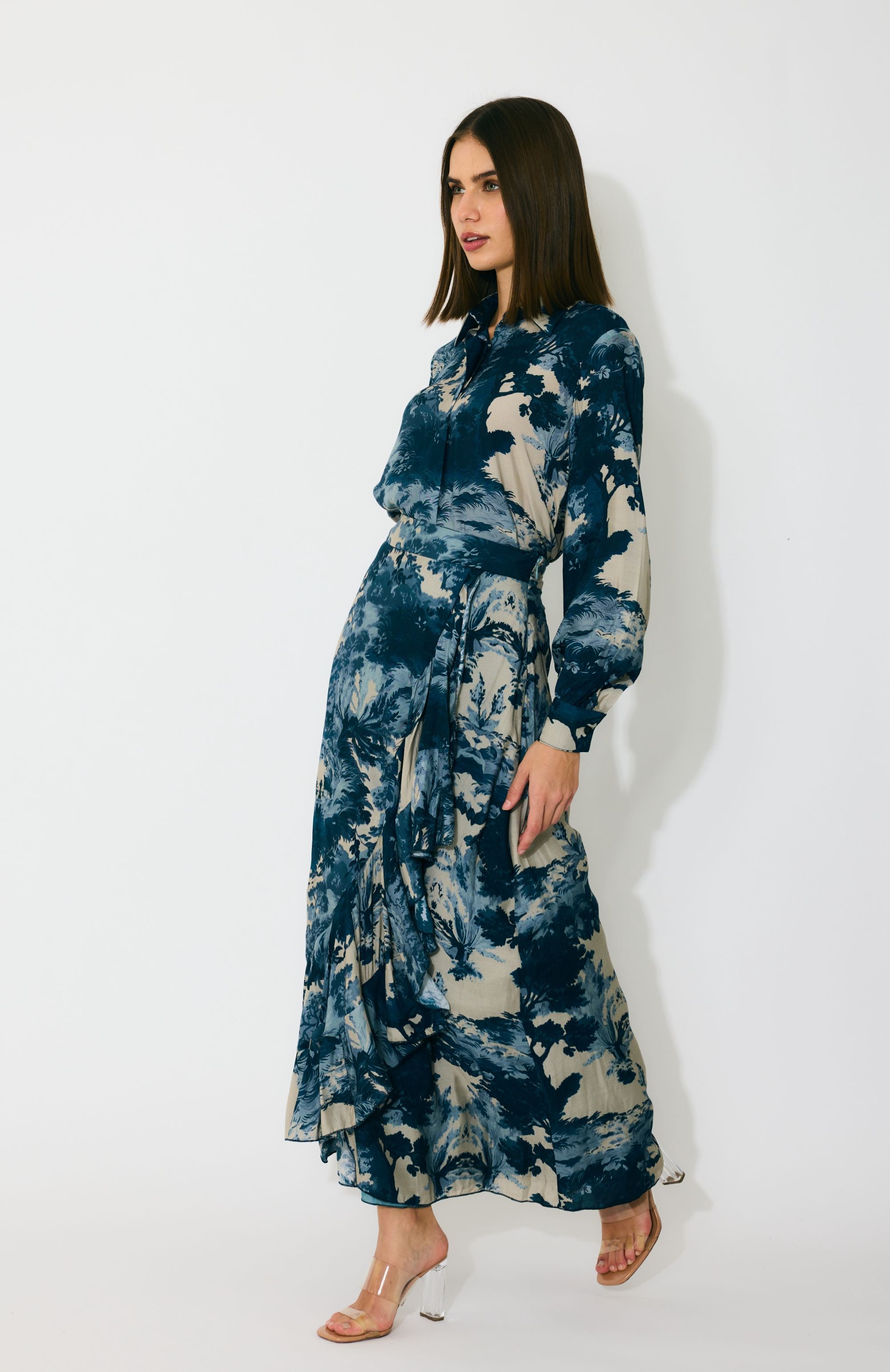 BLUE, INDIGO AND BEIGE TOILE PRINT WRAP SKIRT