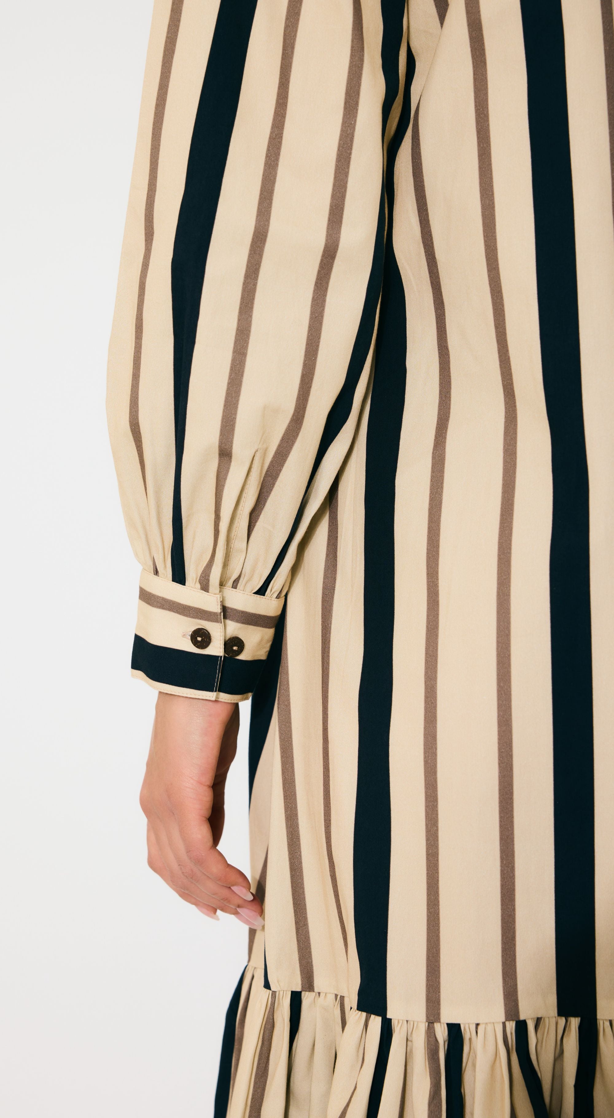 CREAM AND DARK GREEN STRIPE SHIRT DRESS