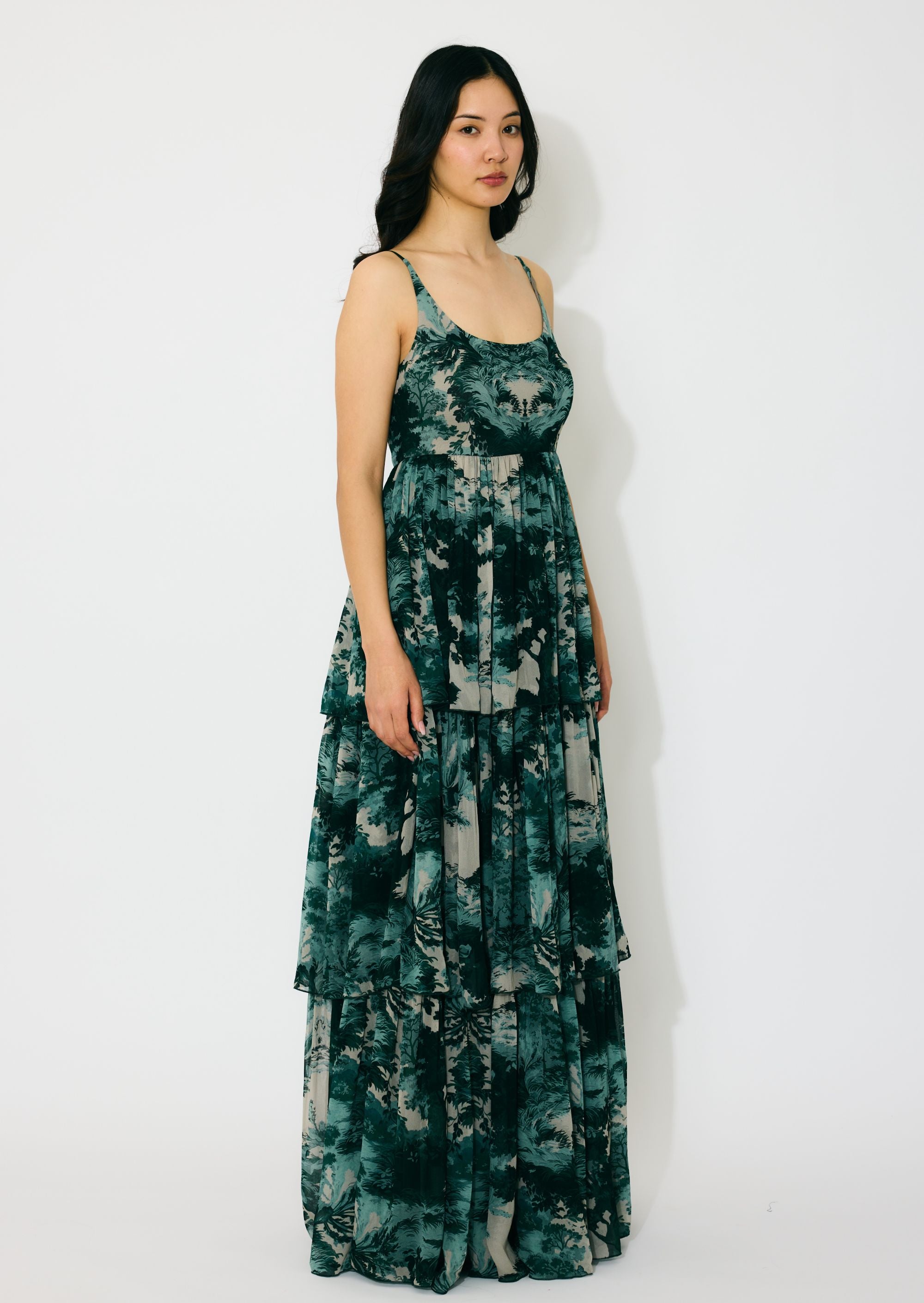 DARK GREEN, MINT AND BEIGE TOIL PRINT LONG DRESS