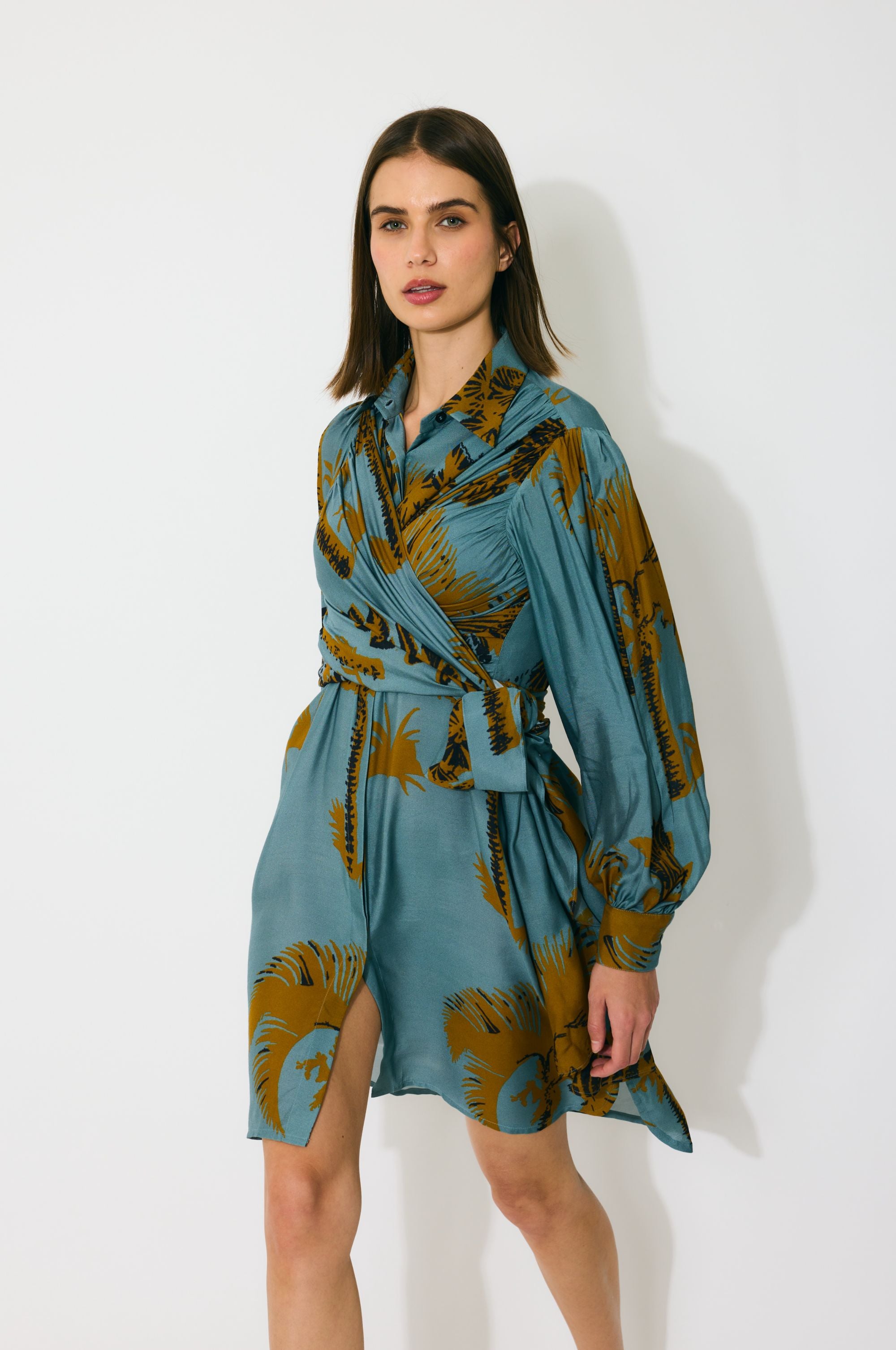 SKY BLUE AND MUSTARD FLORAL WRAP SHIRT DRESS