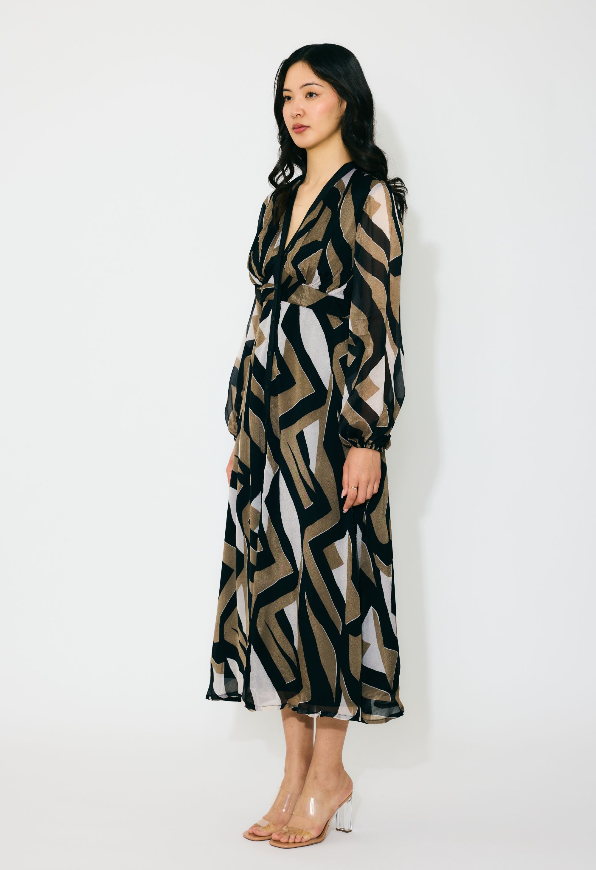 GOLD,BLACK AND WHITE PATTERN KAFTAN DRESS