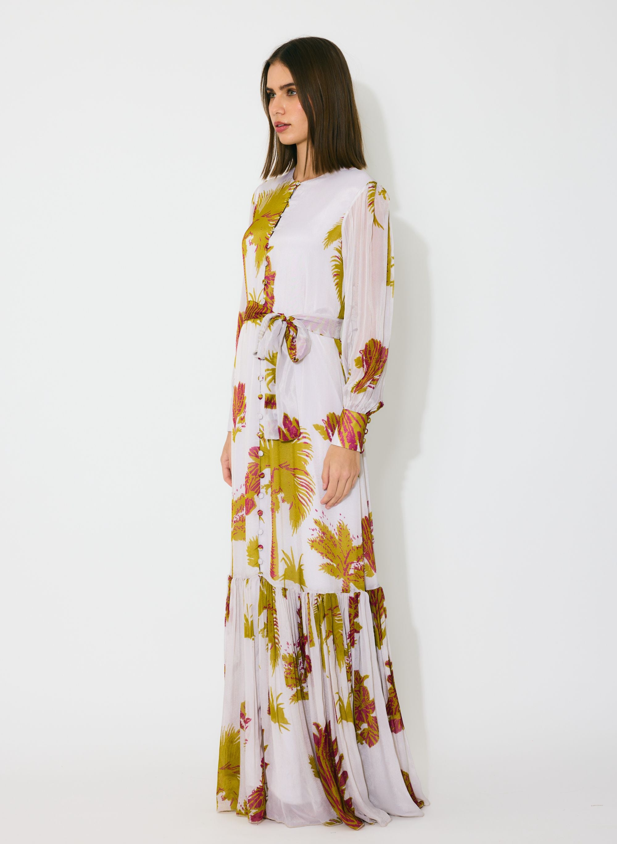 BEIGE, MUSTARD AND HOT PINK FLORAL LONG DRESS