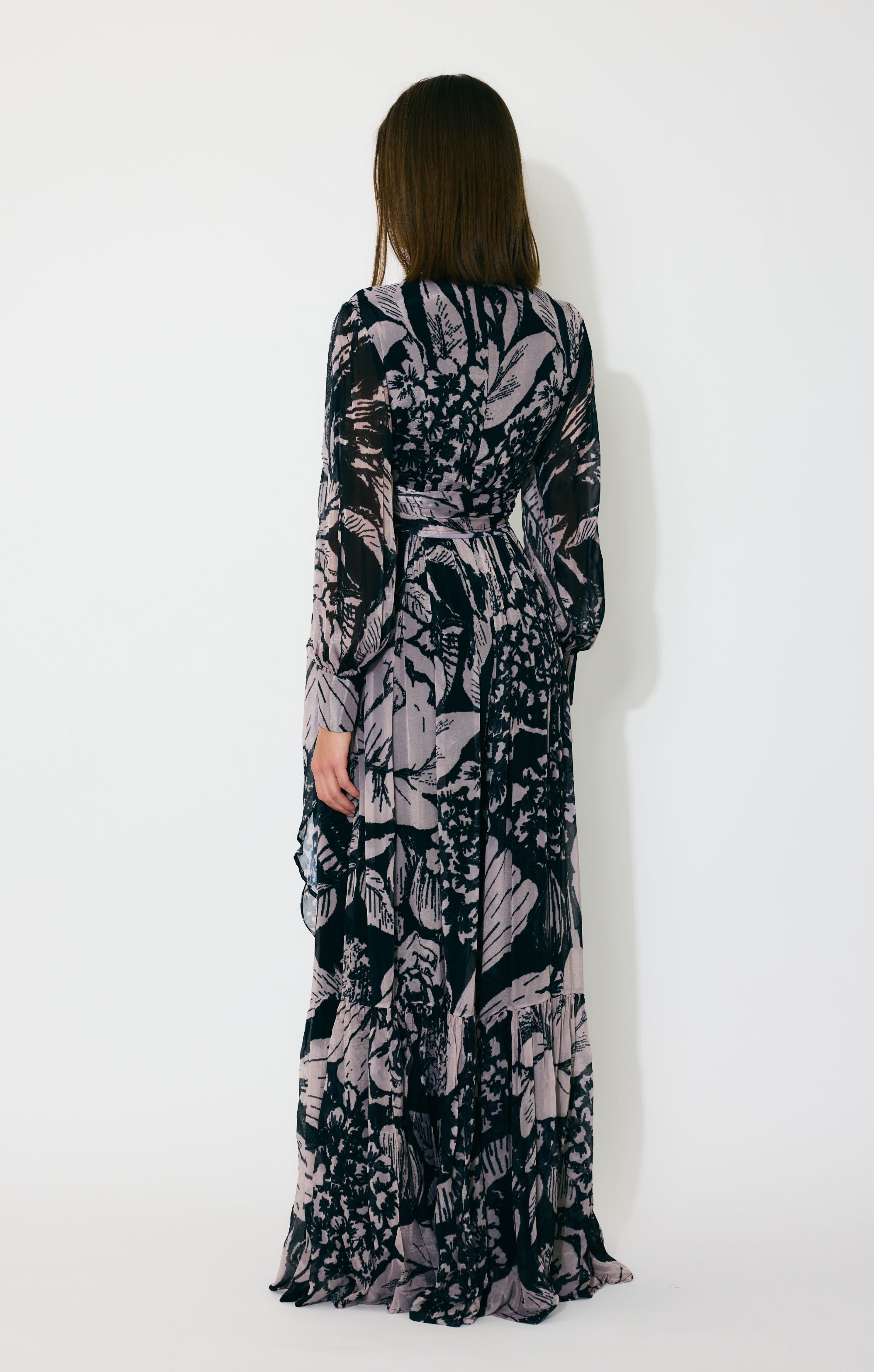 DARK BLUE AND DARK PEACH FLORAL WRAP DRESS