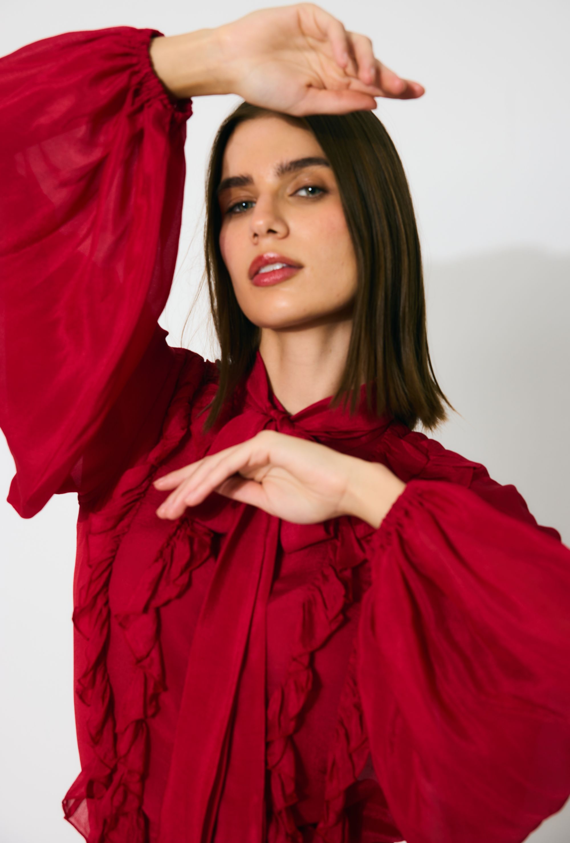 RED PLAIN FRILL TOP