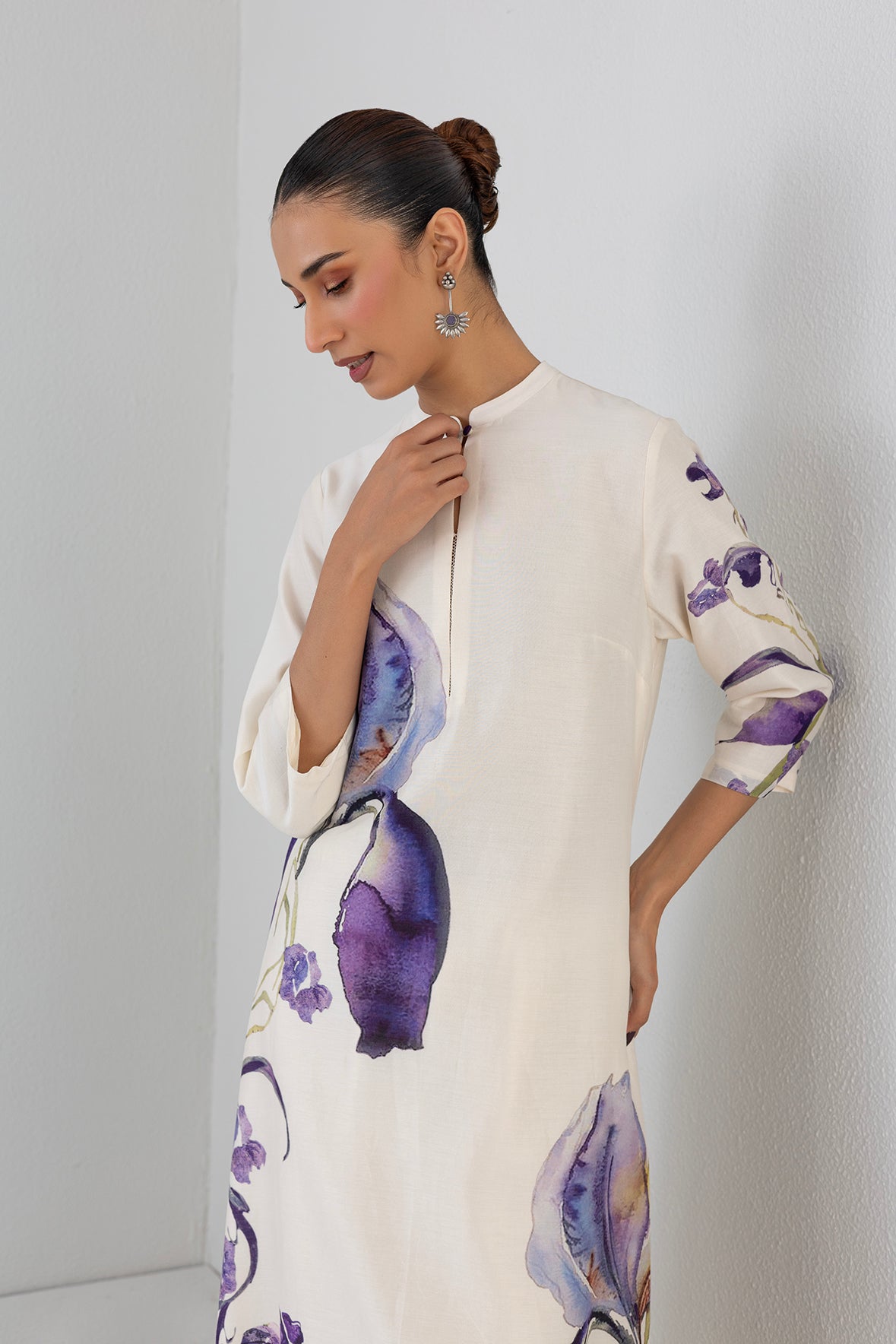 Dove Mist Silk Chanderi Iris Lily Printed Tunic