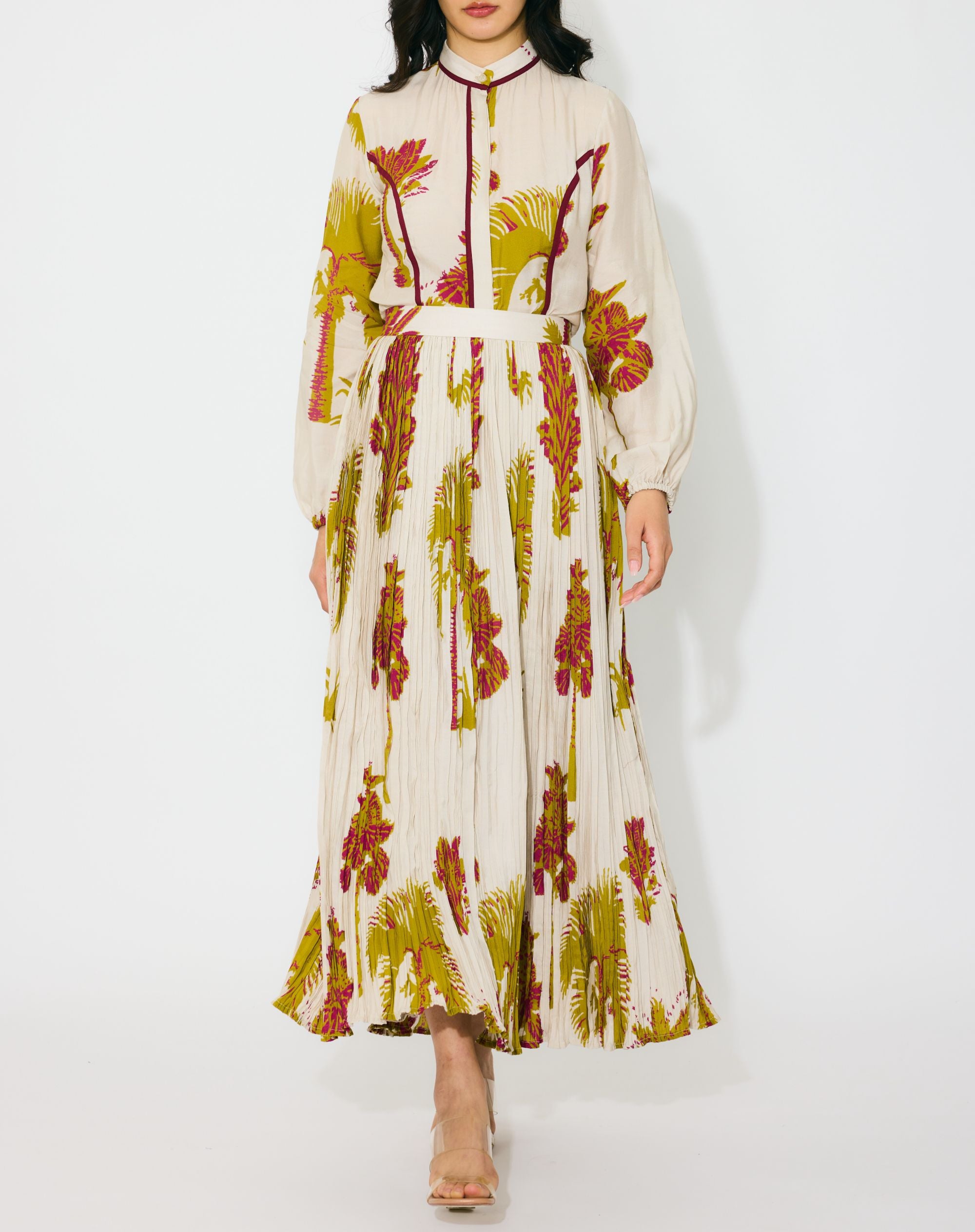 BEIGE, MUSTARD AND HOT PINK FLORAL CRINKLED SKIRT