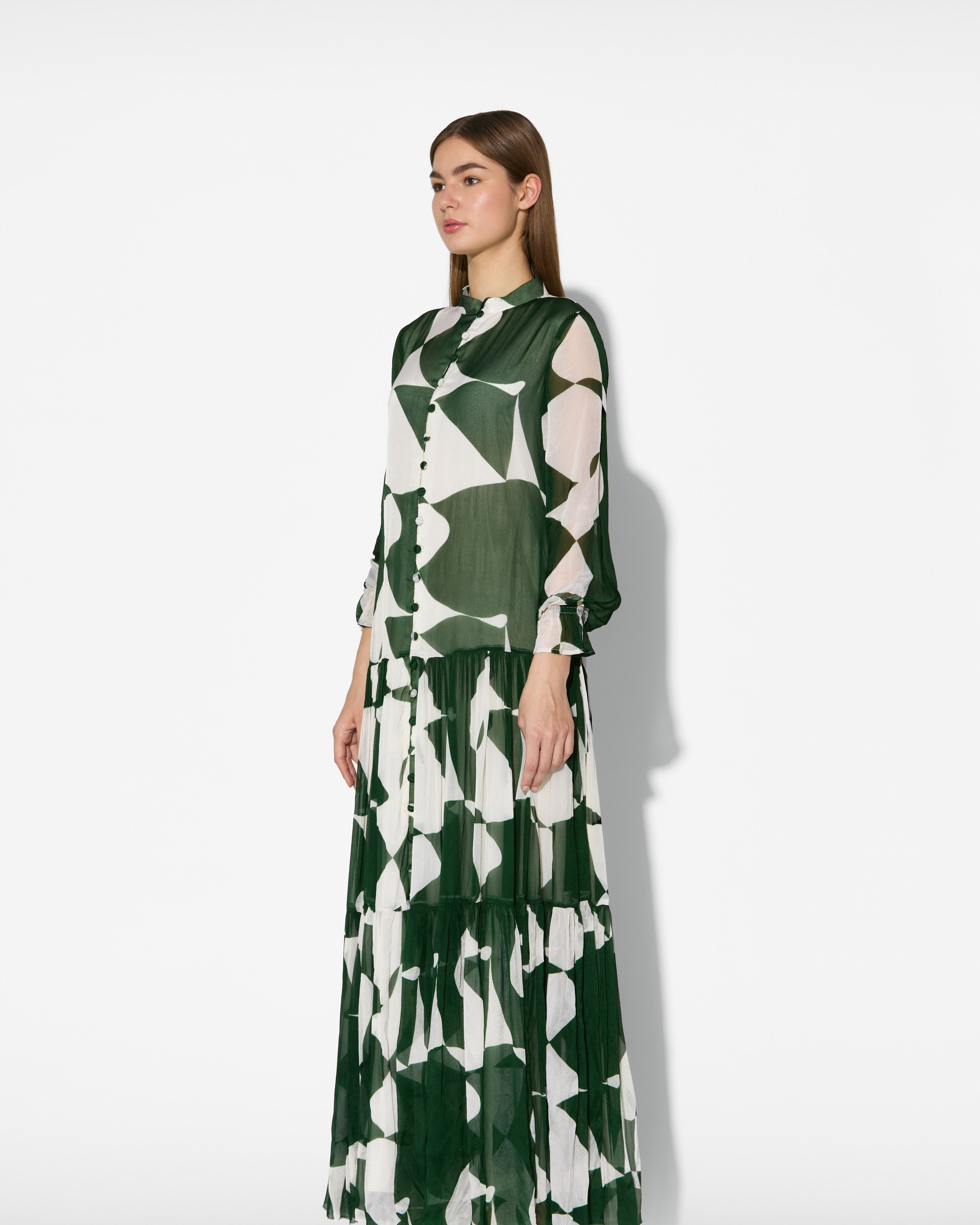 GREEN AND WHITE ABSTRACT LONG DRESS