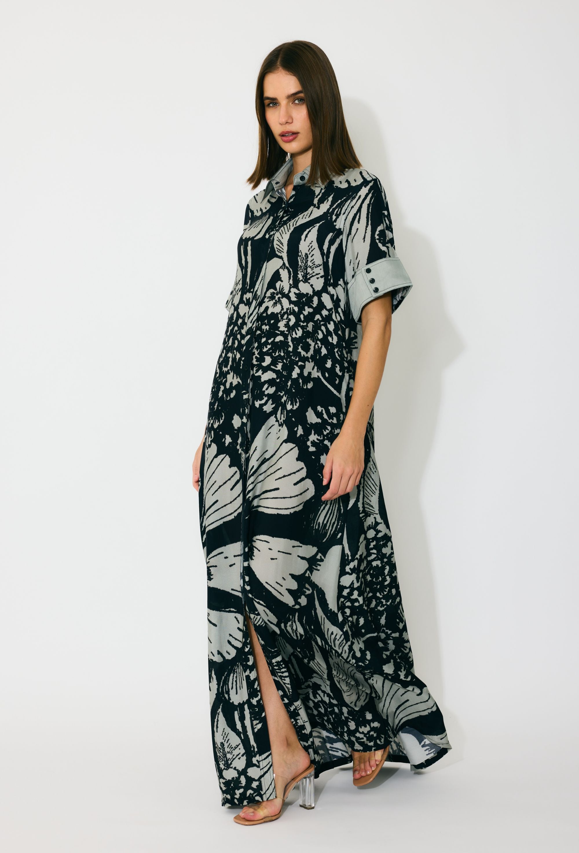 GREY AND BLACK FLORAL SHIRT DRESS