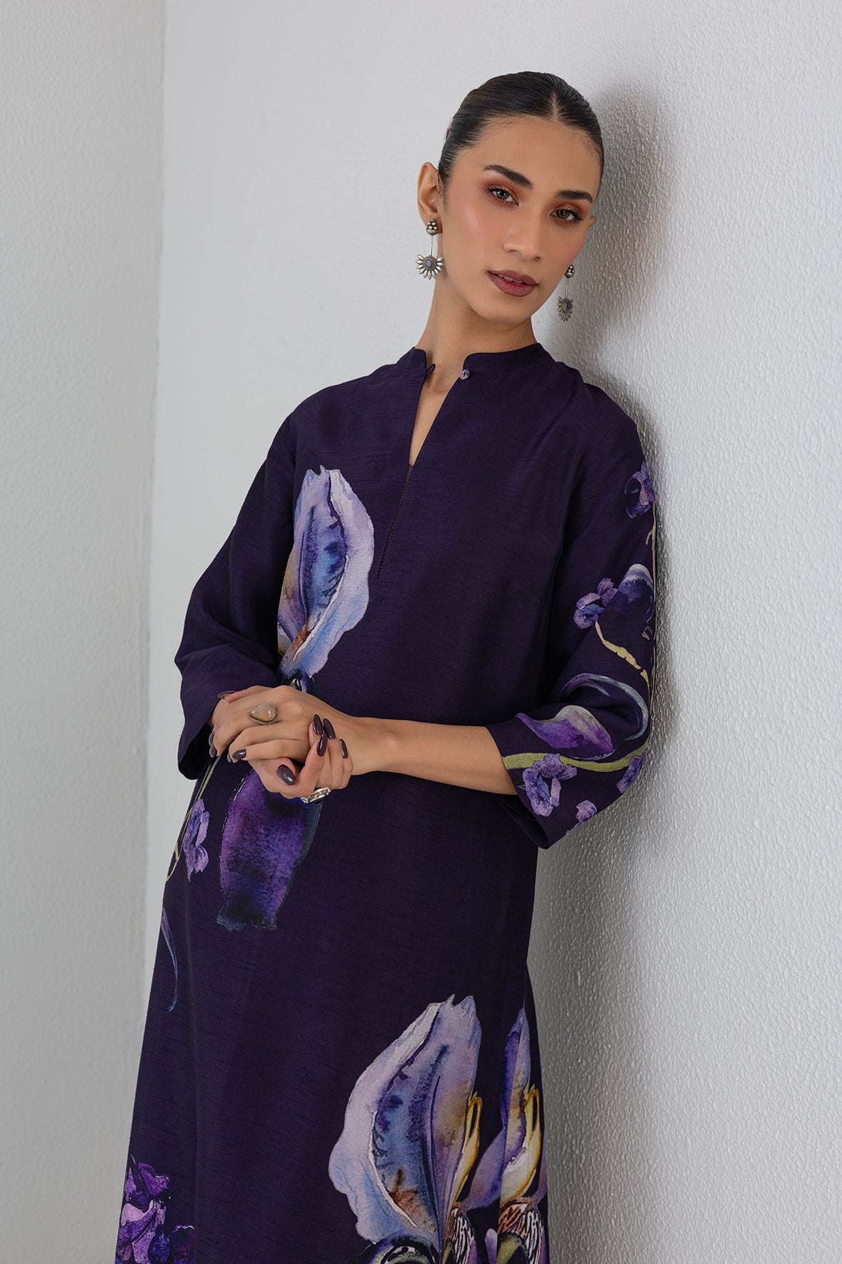 Eggplant Purple Dupion Iris Lily Printed Tunic