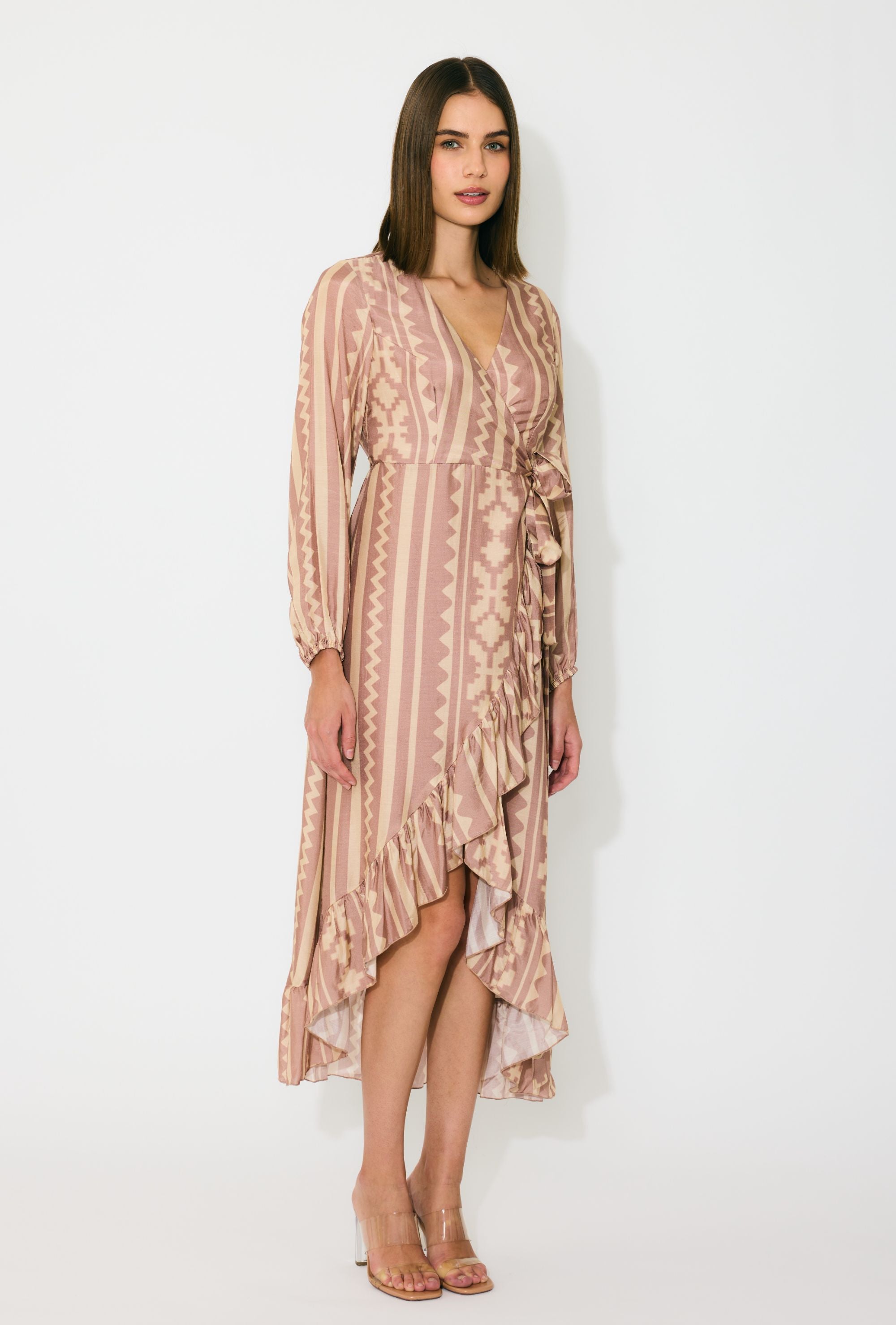 PEACH AND CREAM PATTERN WRAP DRESS