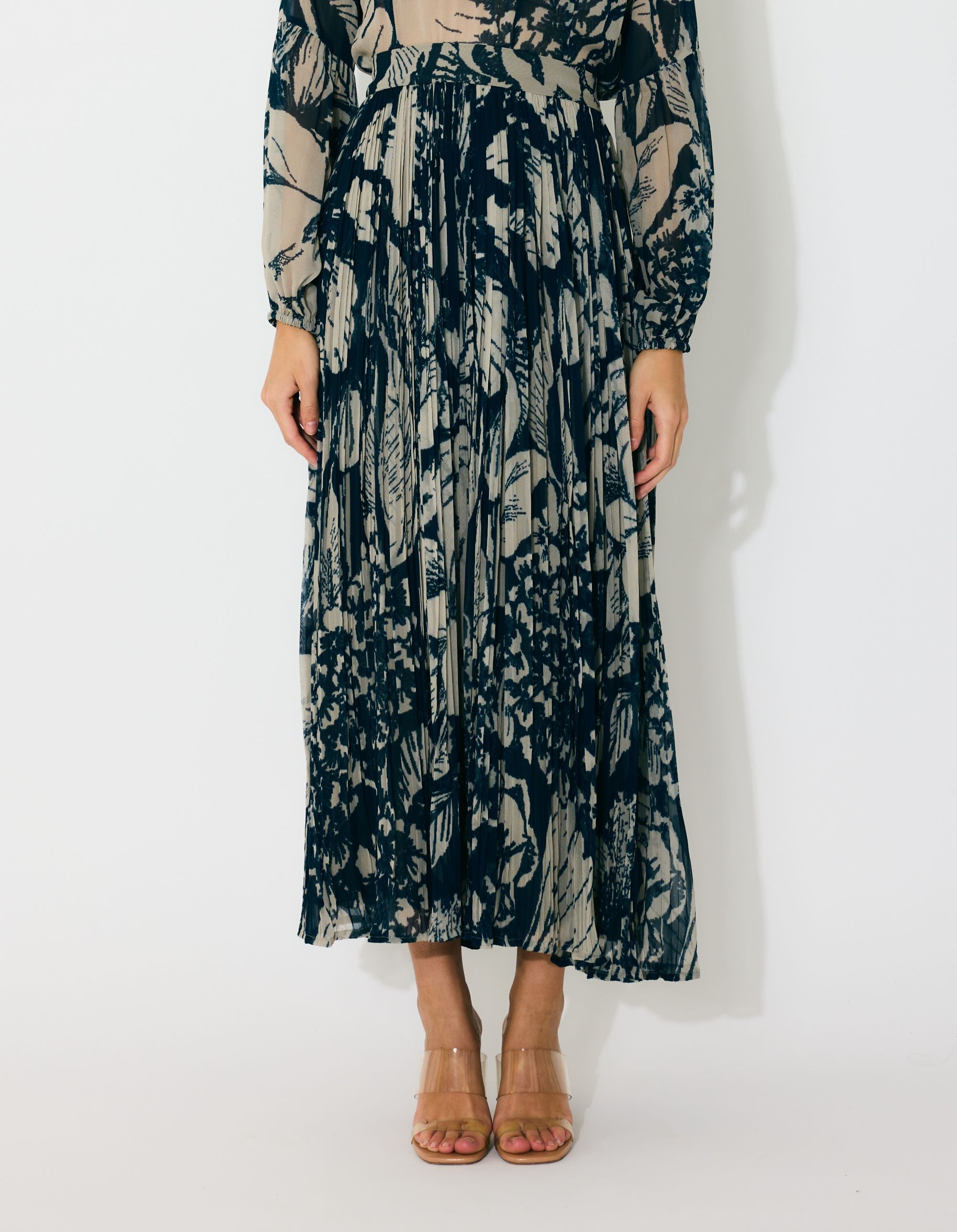 BLUE AND BEIGE FLORAL CRINKLED SKIRT