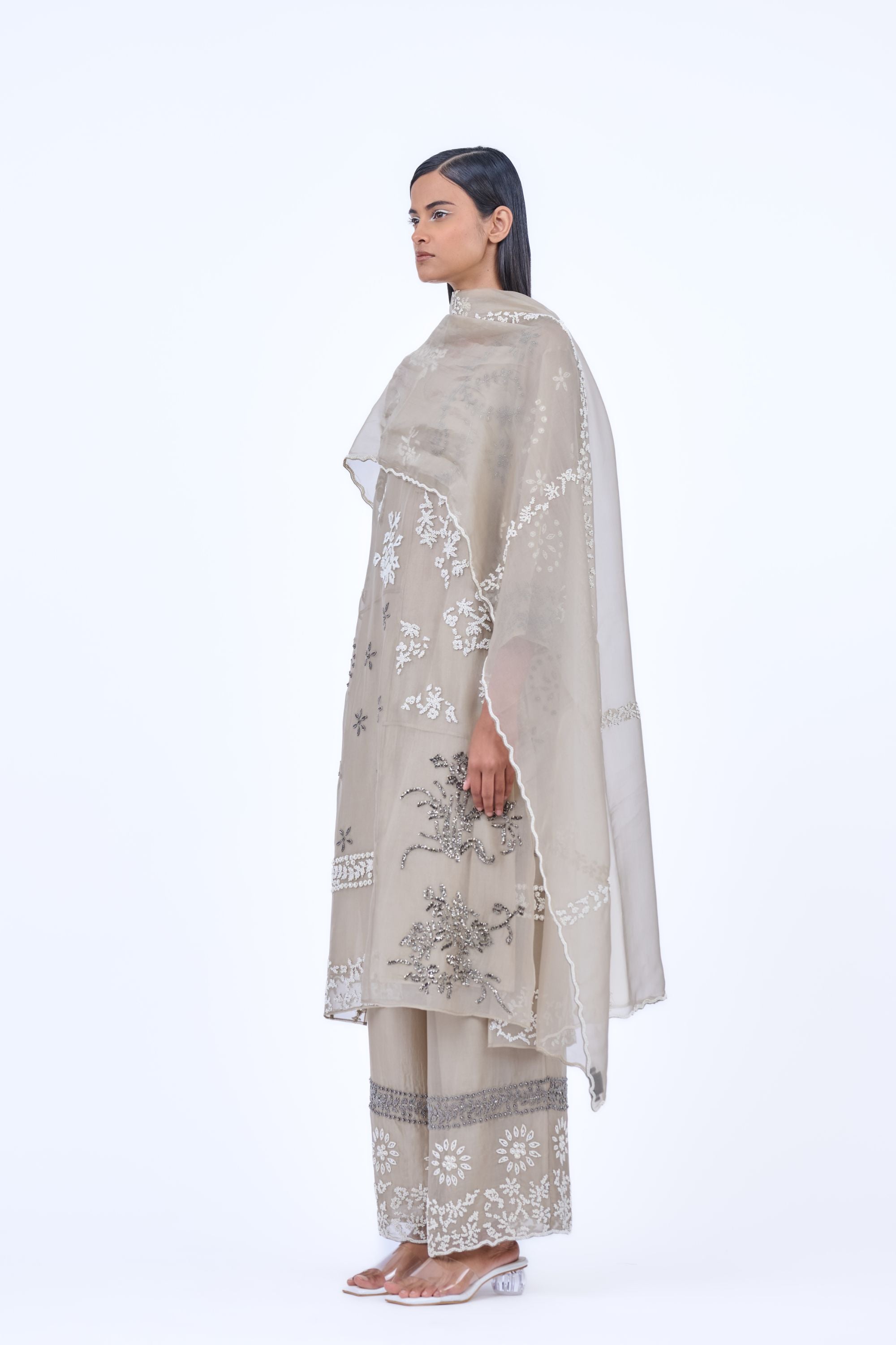 Natural Ec Slv Silk Organza Kurta