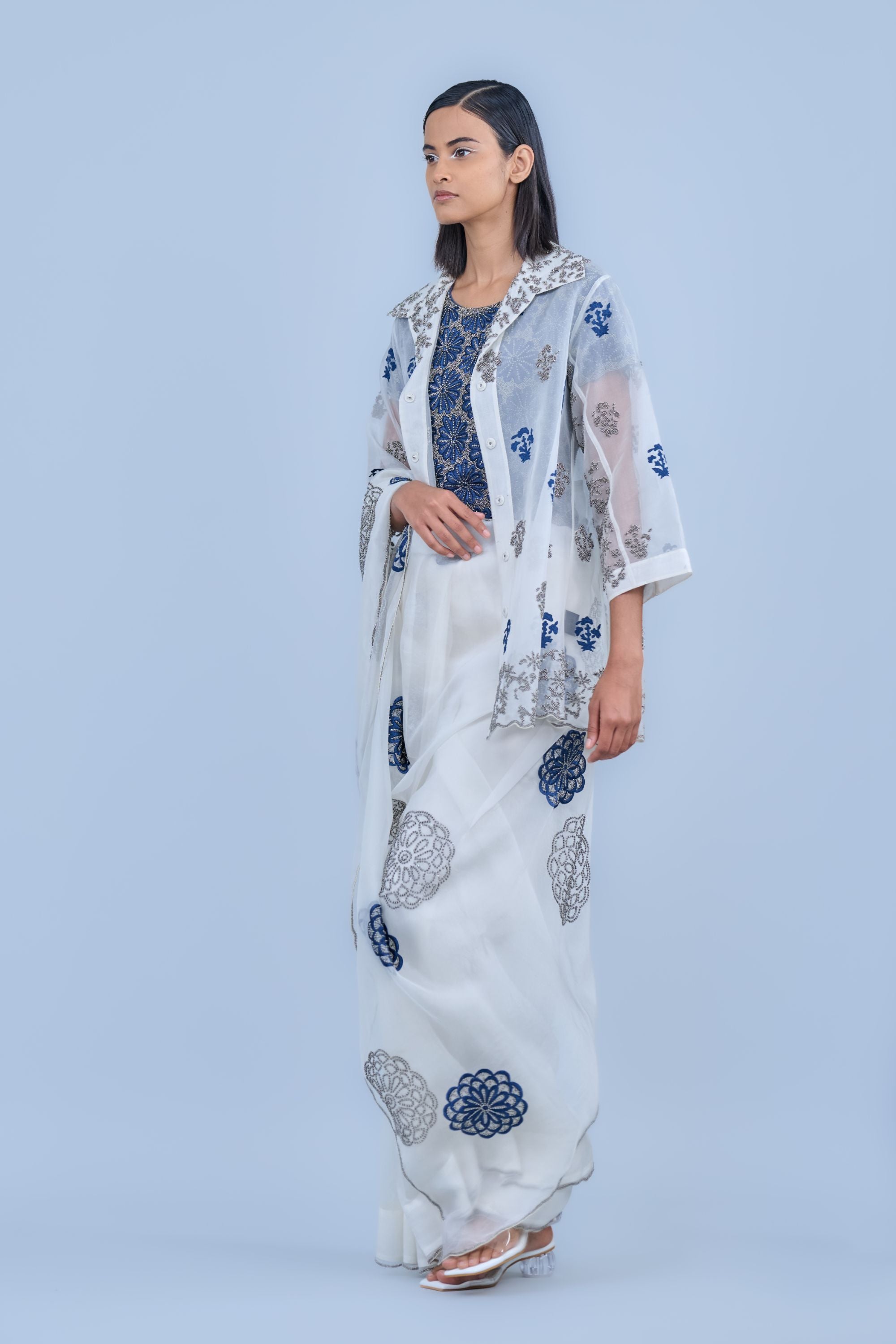 Ecru Spc Slv Silk Organza Sari