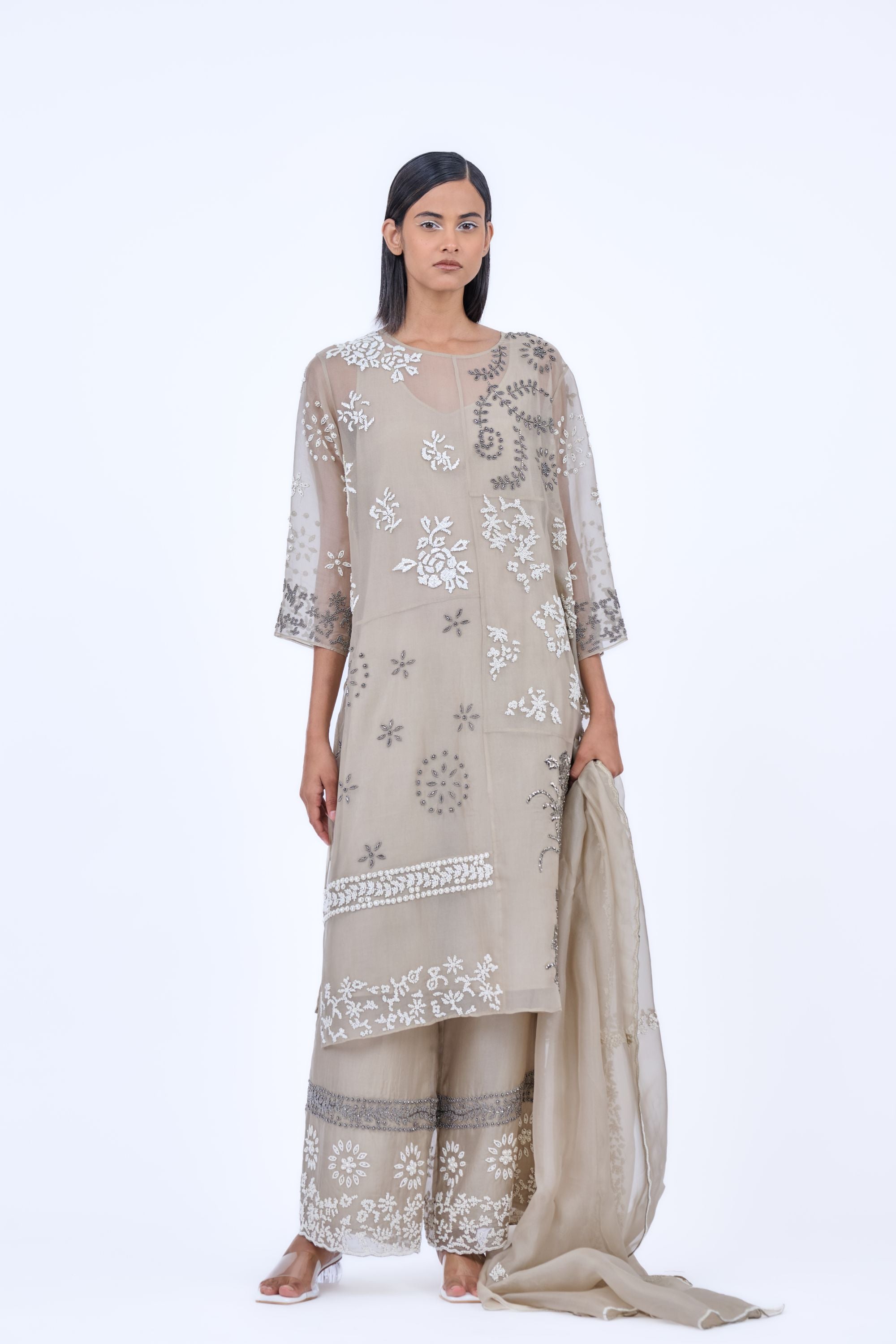 Natural Ec Slv Silk Organza Kurta