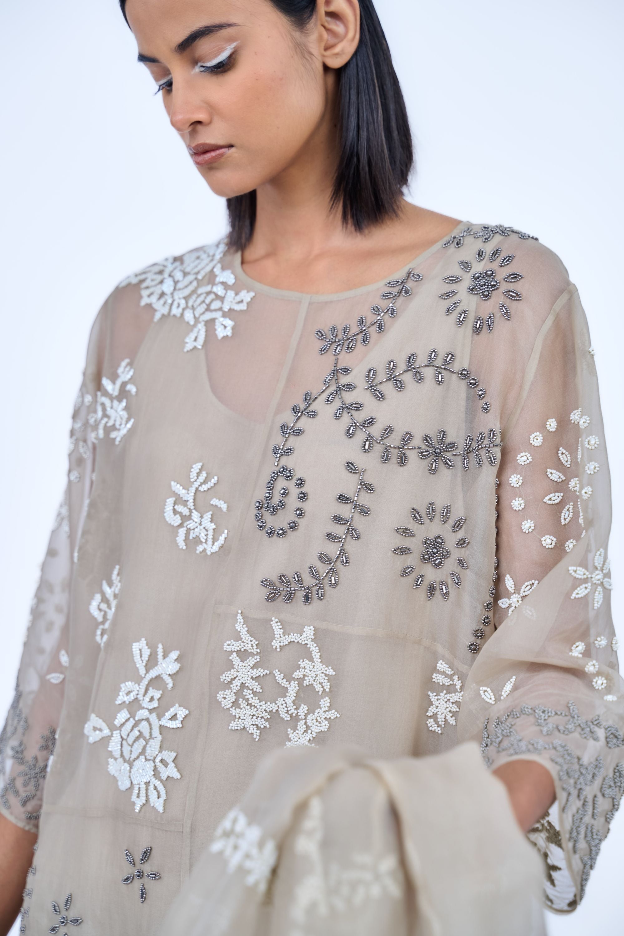 Natural Ec Slv Silk Organza Kurta