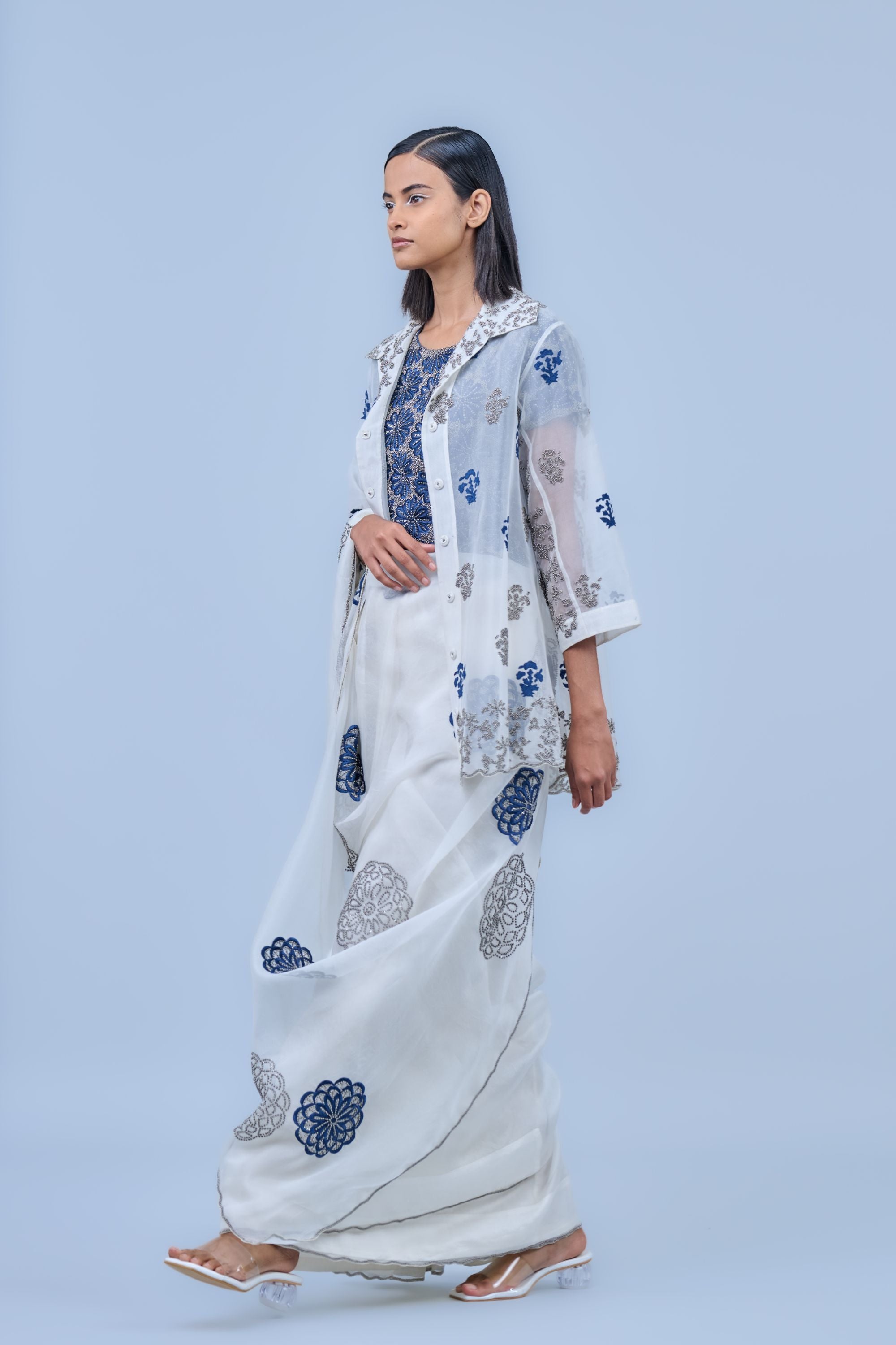 Ecru Spc Slv Silk Organza Sari