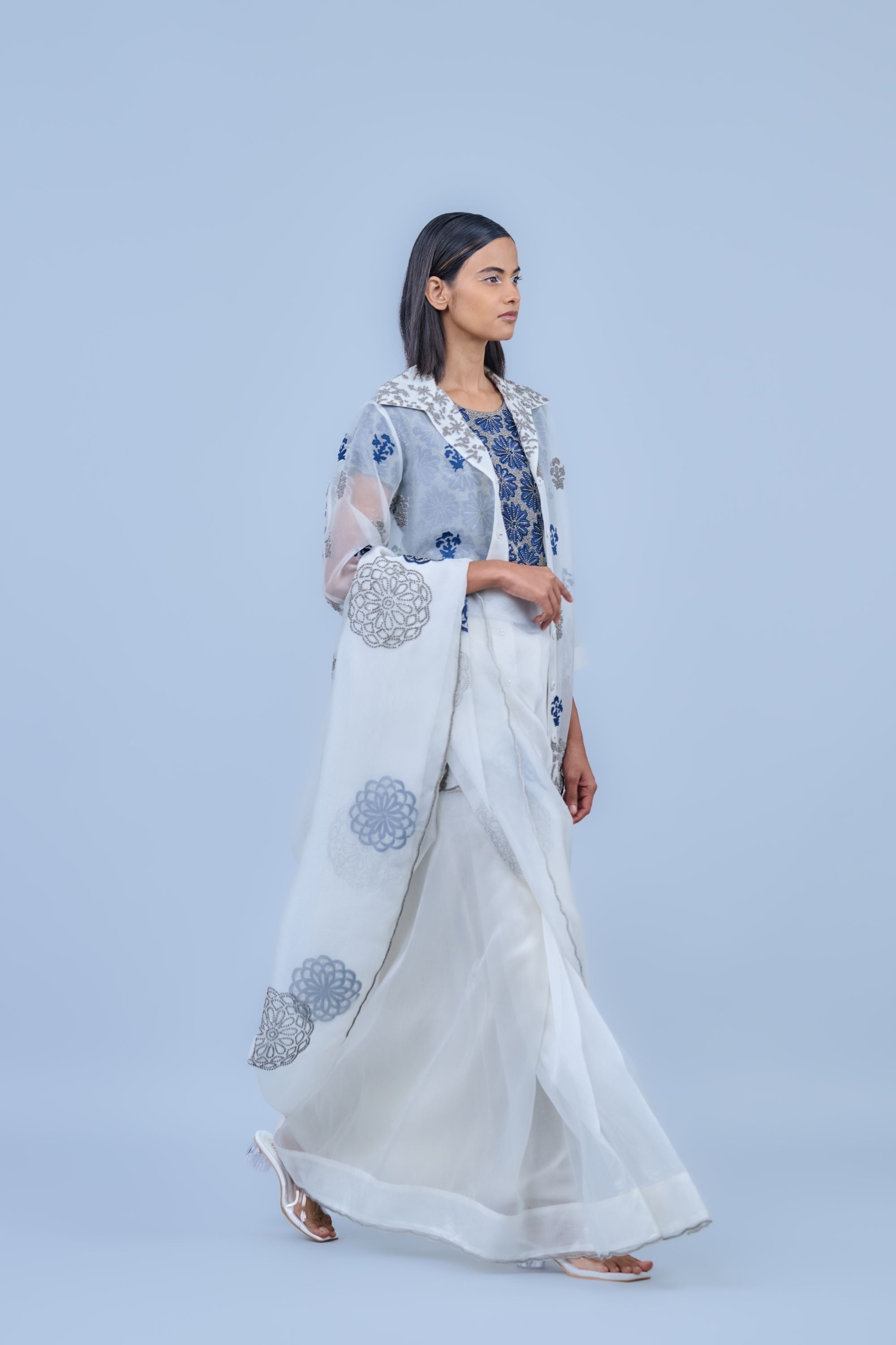 Ecru Spc Slv Silk Organza Sari