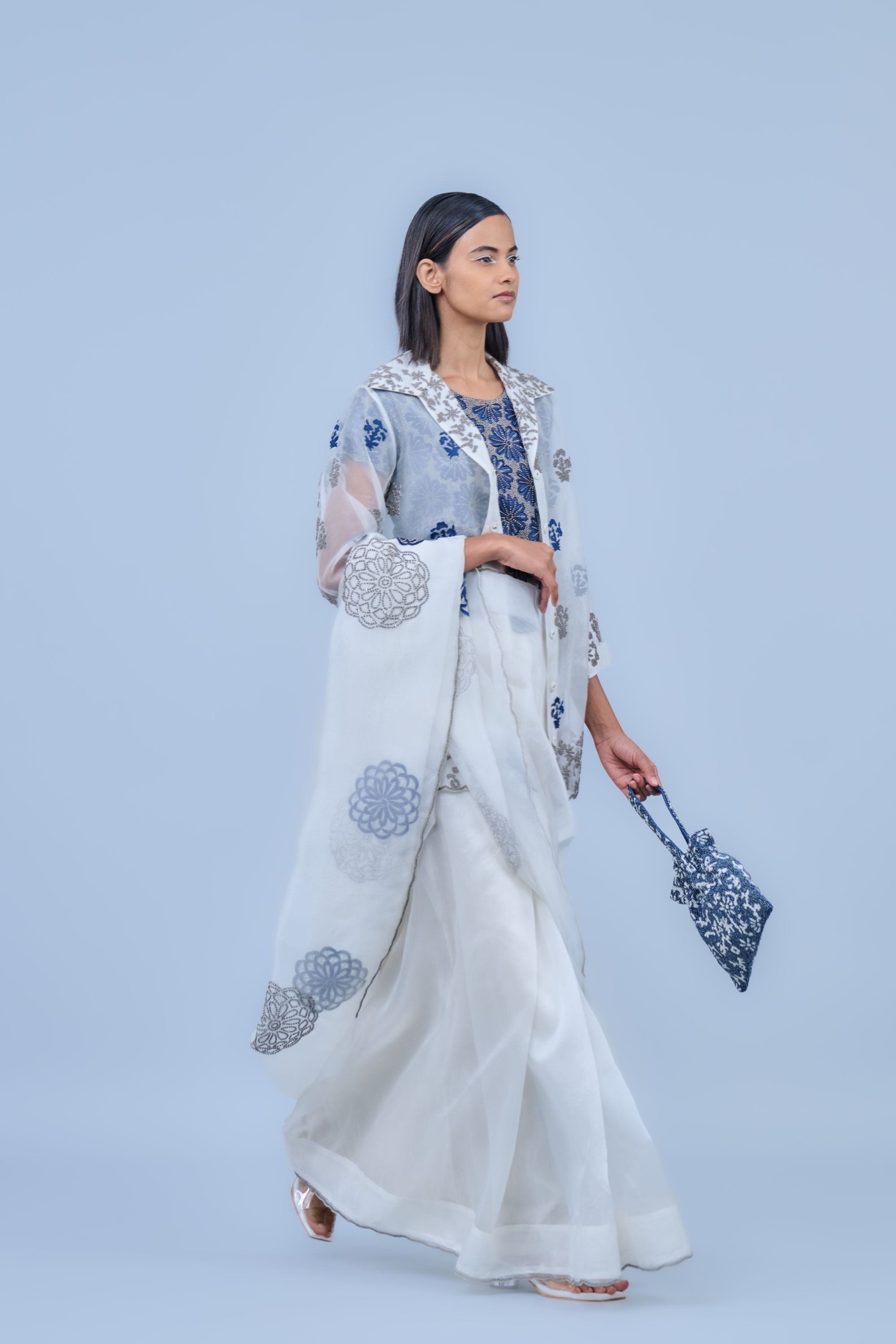 Ecru Spc Slv Silk Organza Sari
