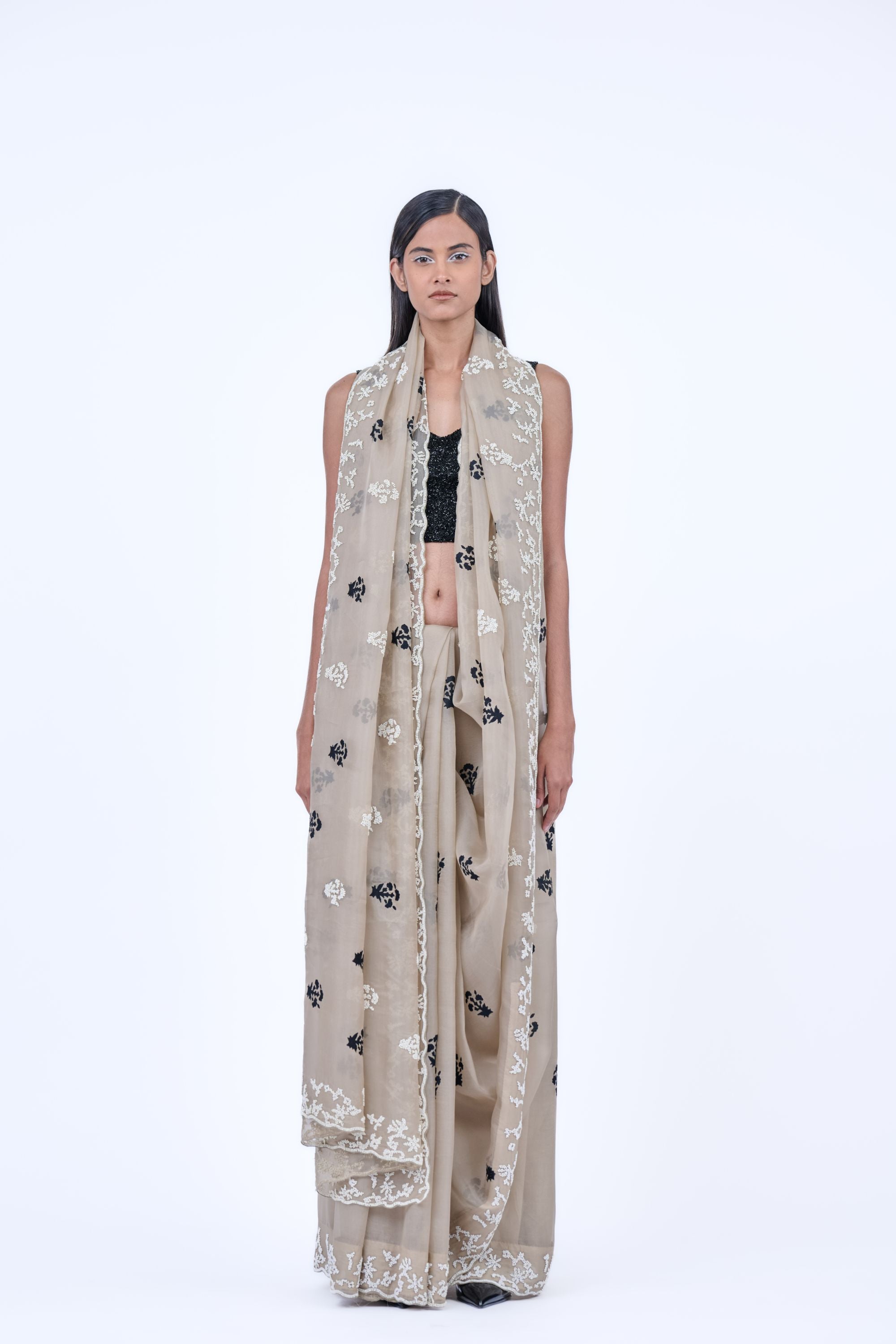 Natural Blk Ec Silk Organza Sari