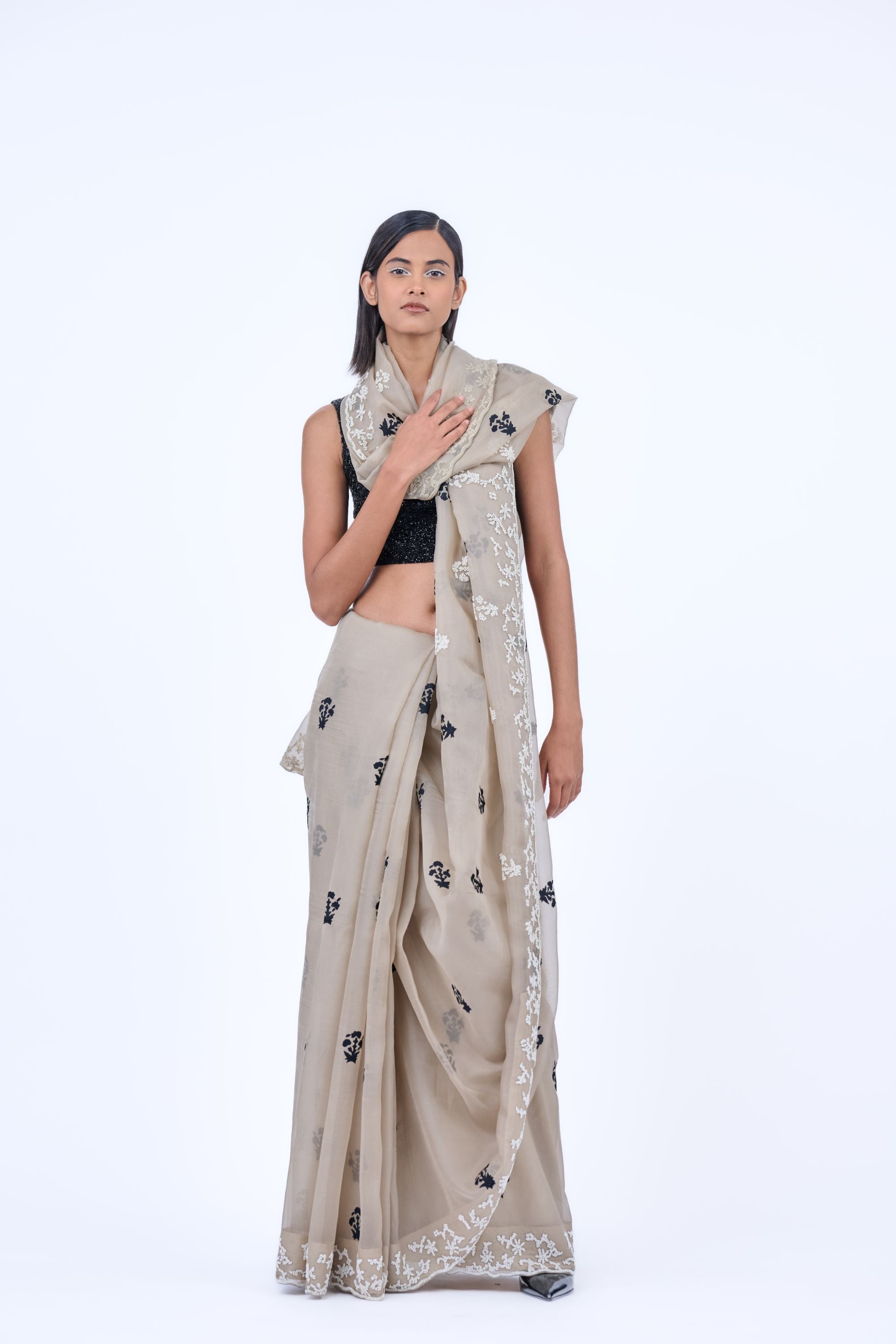 Natural Blk Ec Silk Organza Sari