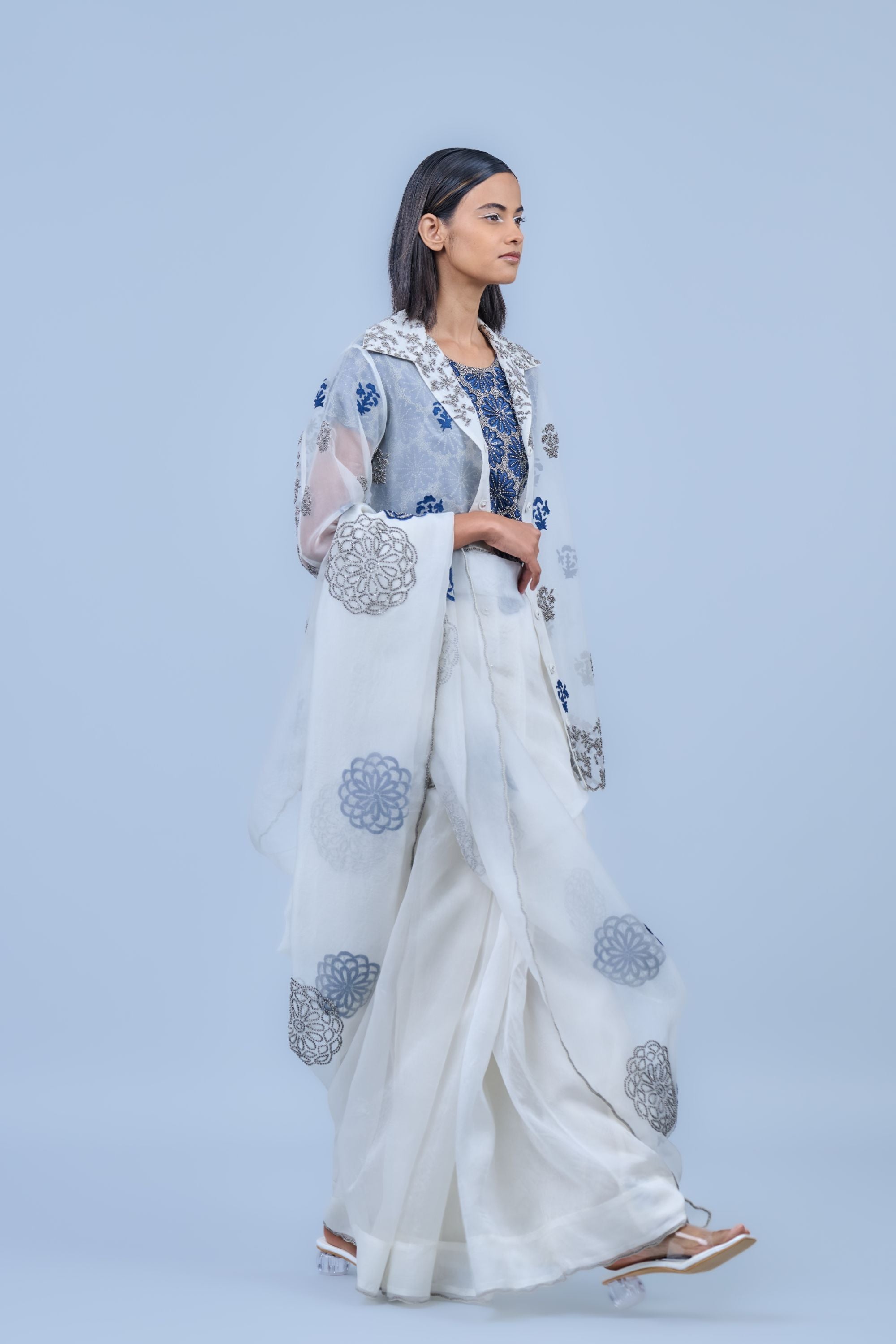 Ecru Spc Slv Silk Organza Sari