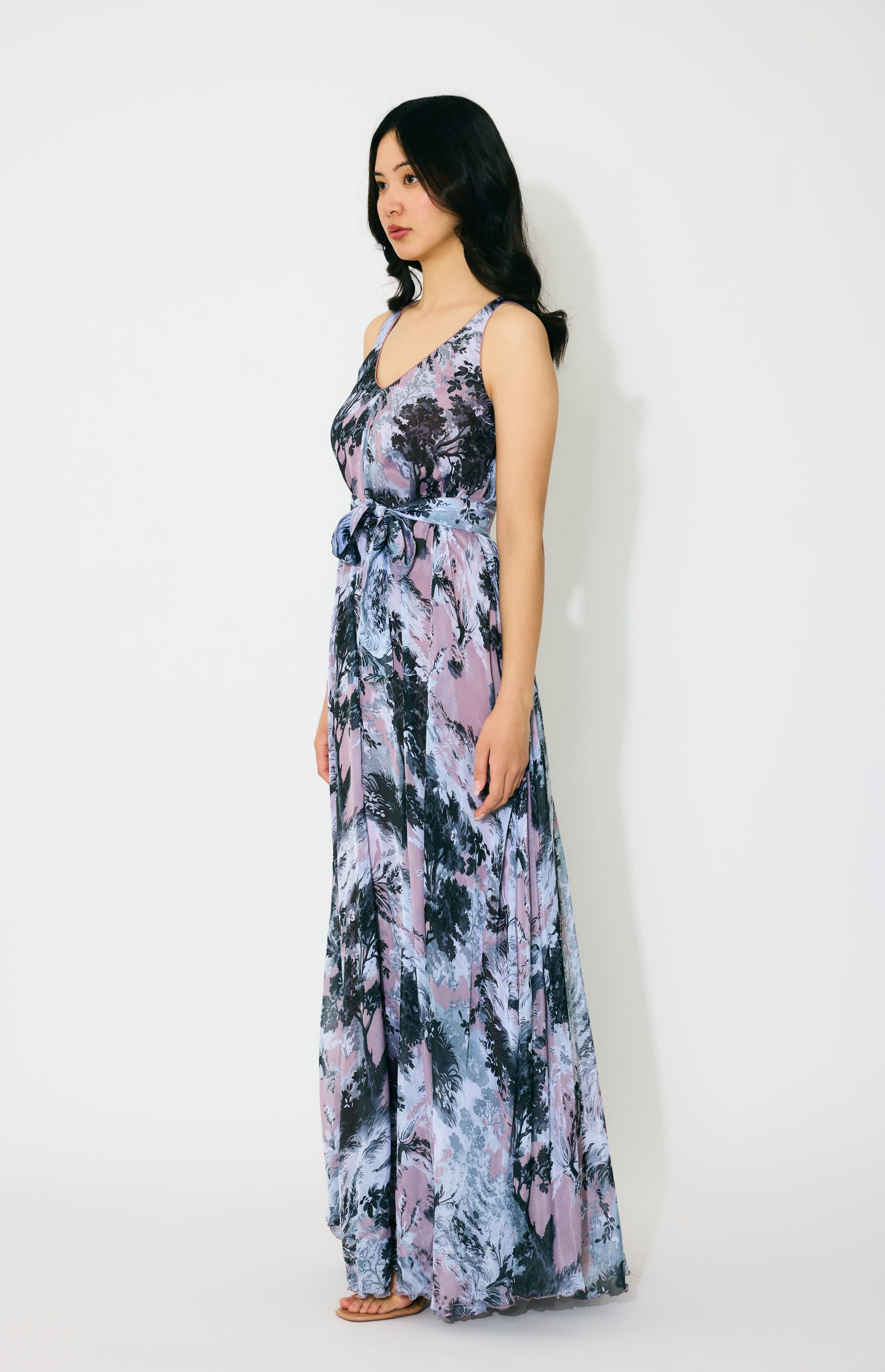 PINK, GREY AND WHITE TOILE PRINT LONG DRESS